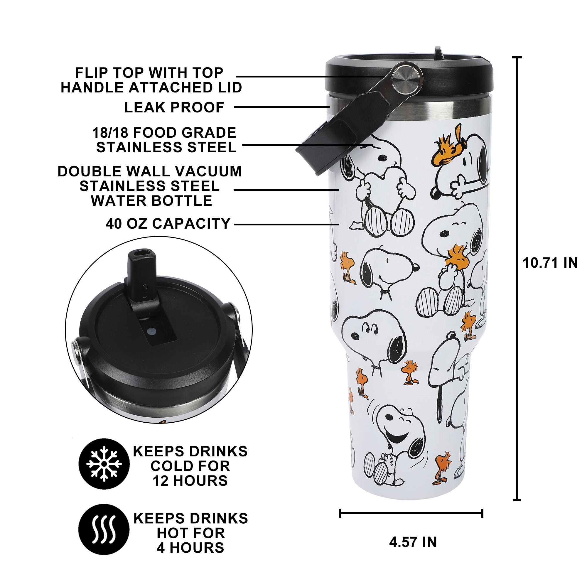 Peanuts Snoopy & Woodstock All-Over Print 30 Oz White Stainless Steel Water Bottle