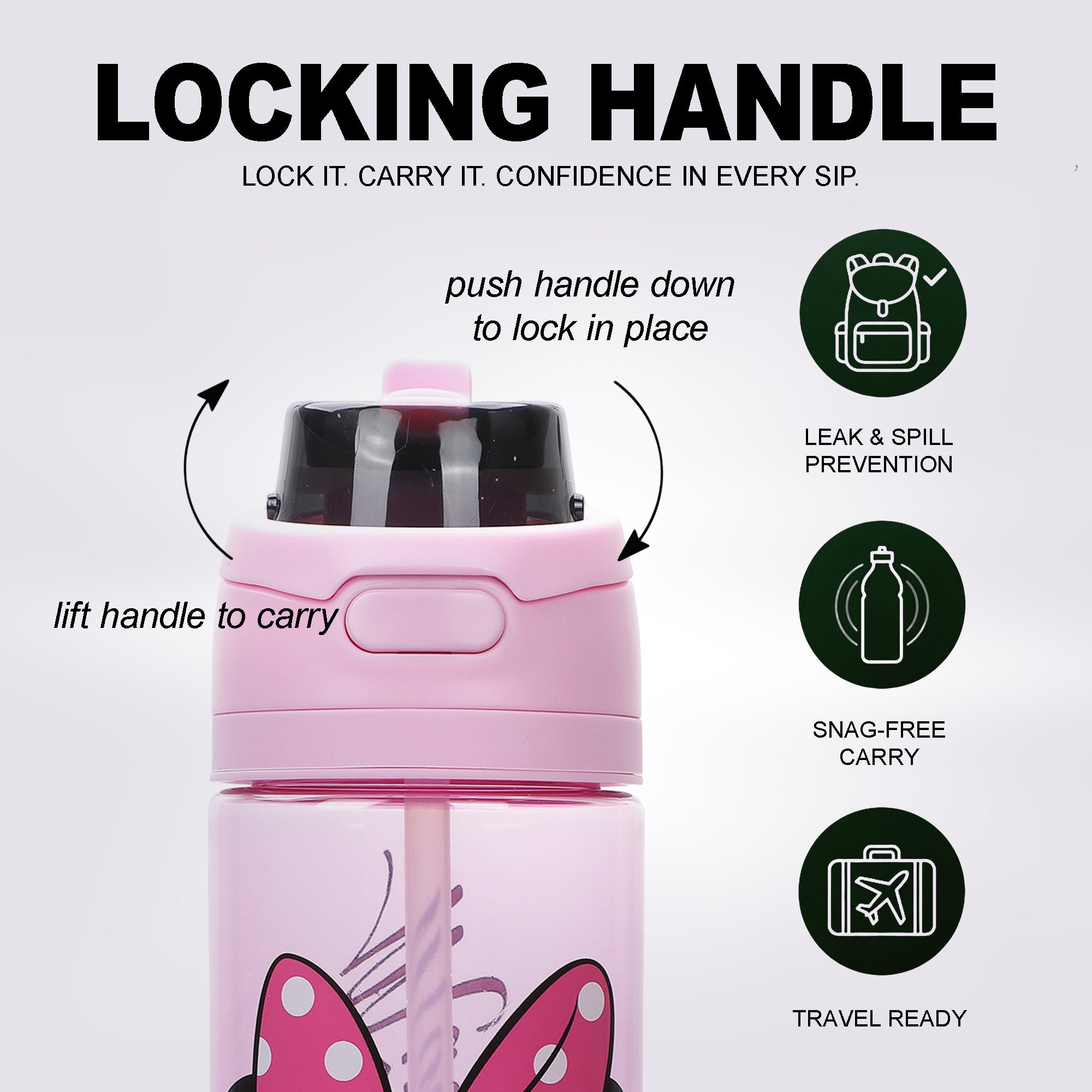 Minnie Mouse Classic Big Face Pink 24 Oz Plastic Water Bottle With Dual Spout Lid