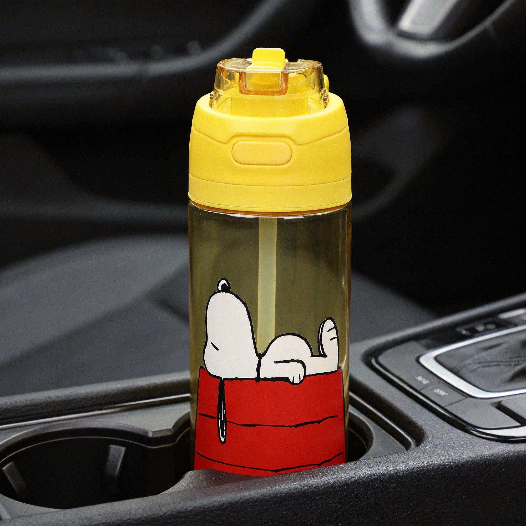 Peanuts Snoopy Dog House Yellow 24 Oz Plastic Water Bottle With Dual Spout Lid
