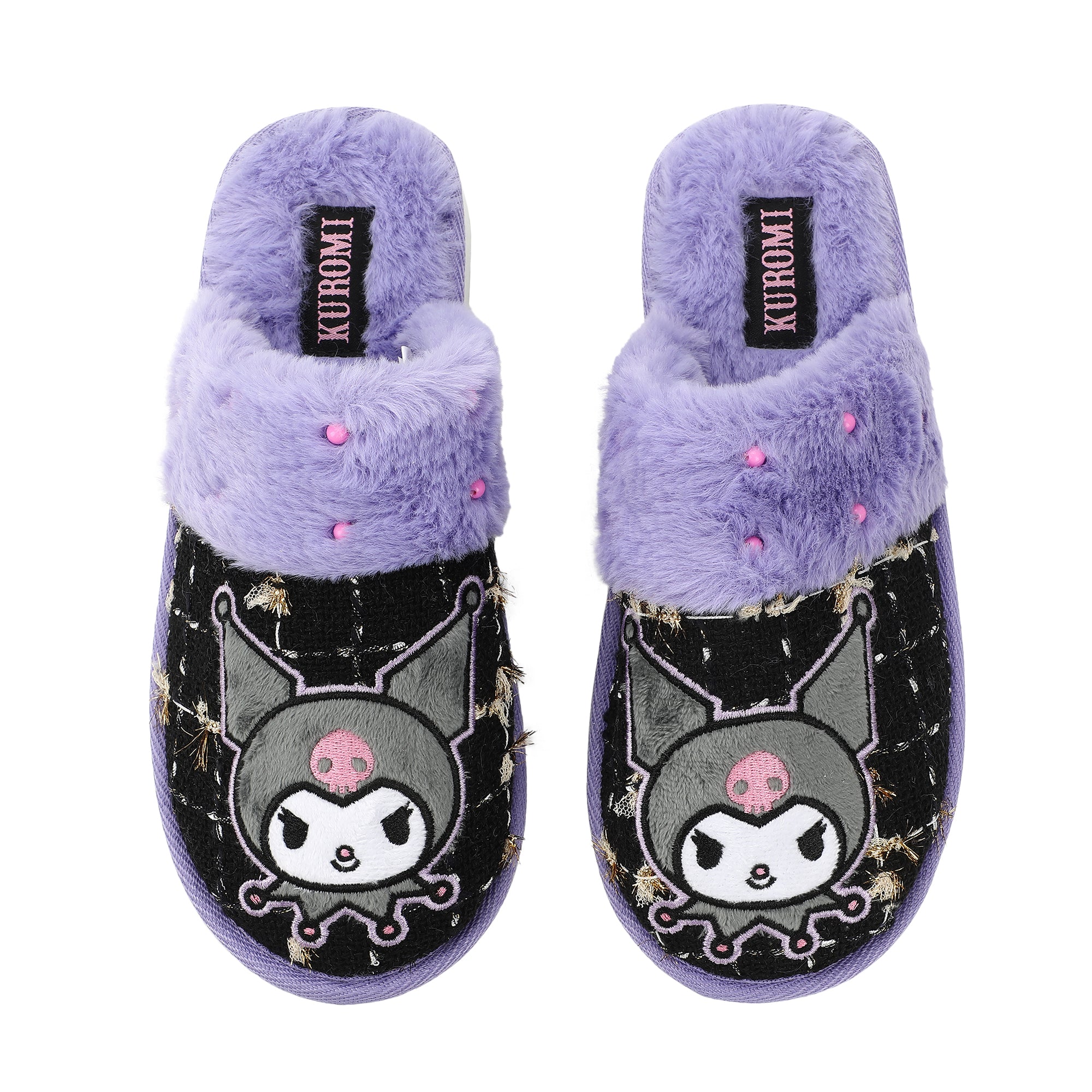 Kuromi Character & Rhinestones Women's Black Tweed Mules