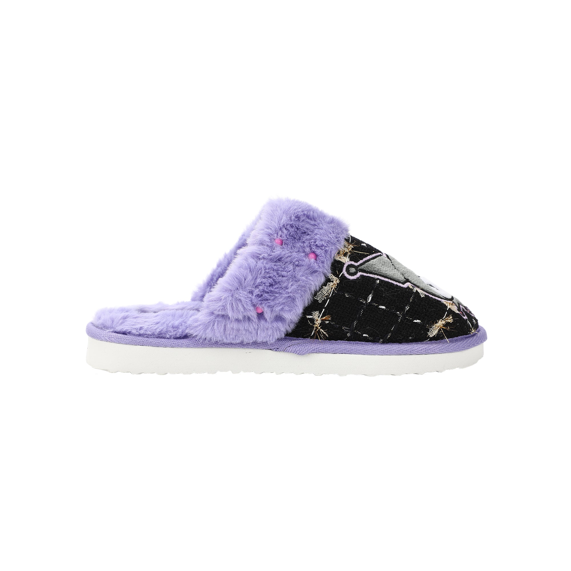 Kuromi Character & Rhinestones Women's Black Tweed Mules