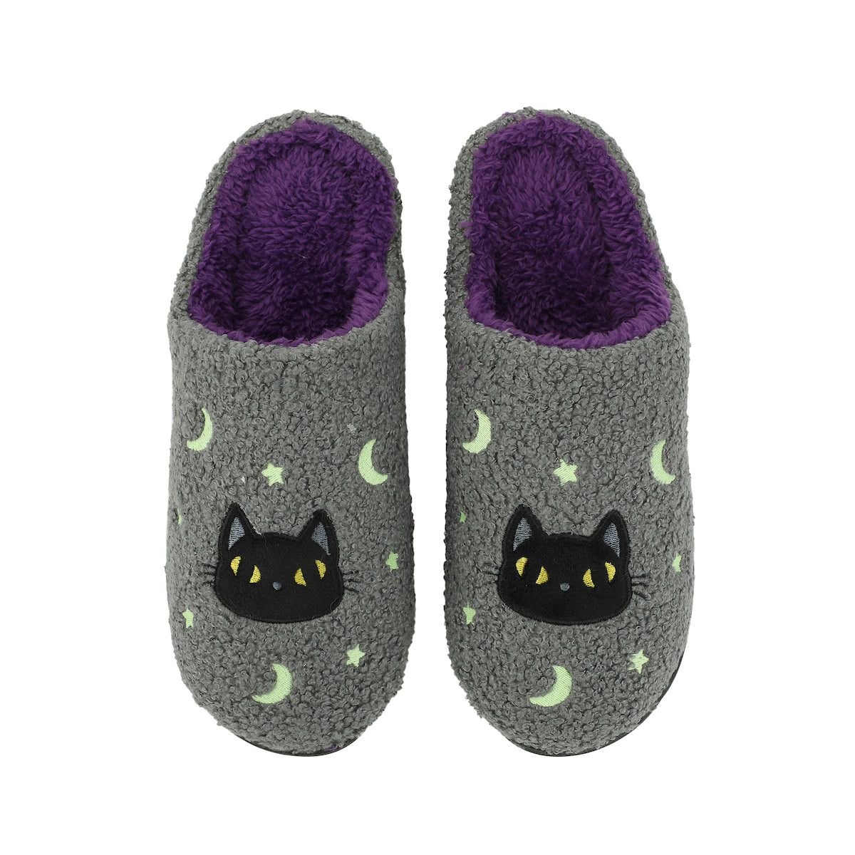 Halloween Black Cat Glow Moon & Stars Adult Gray Scuff Slippers