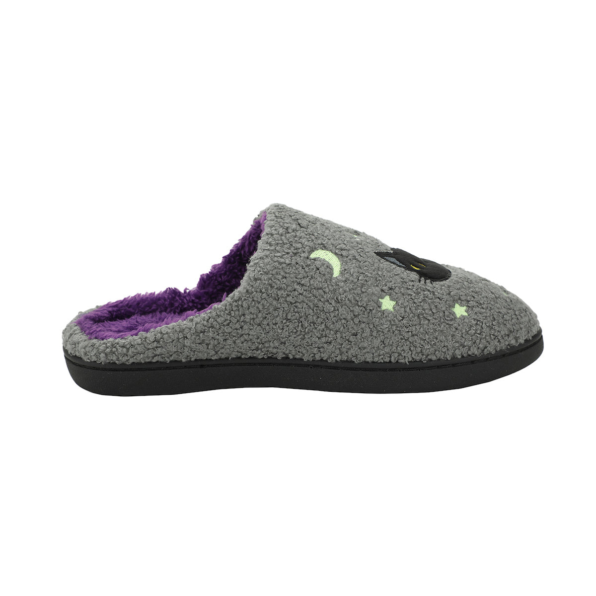 Halloween Black Cat Glow Moon & Stars Adult Gray Scuff Slippers