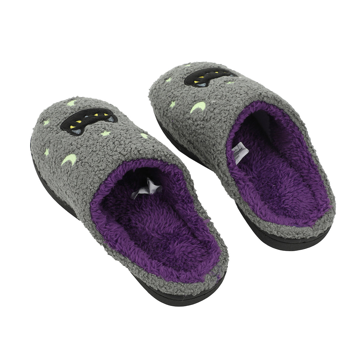 Halloween Black Cat Glow Moon & Stars Adult Gray Scuff Slippers
