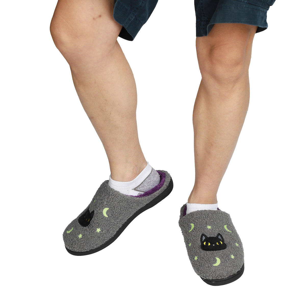 Halloween Black Cat Glow Moon & Stars Adult Gray Scuff Slippers