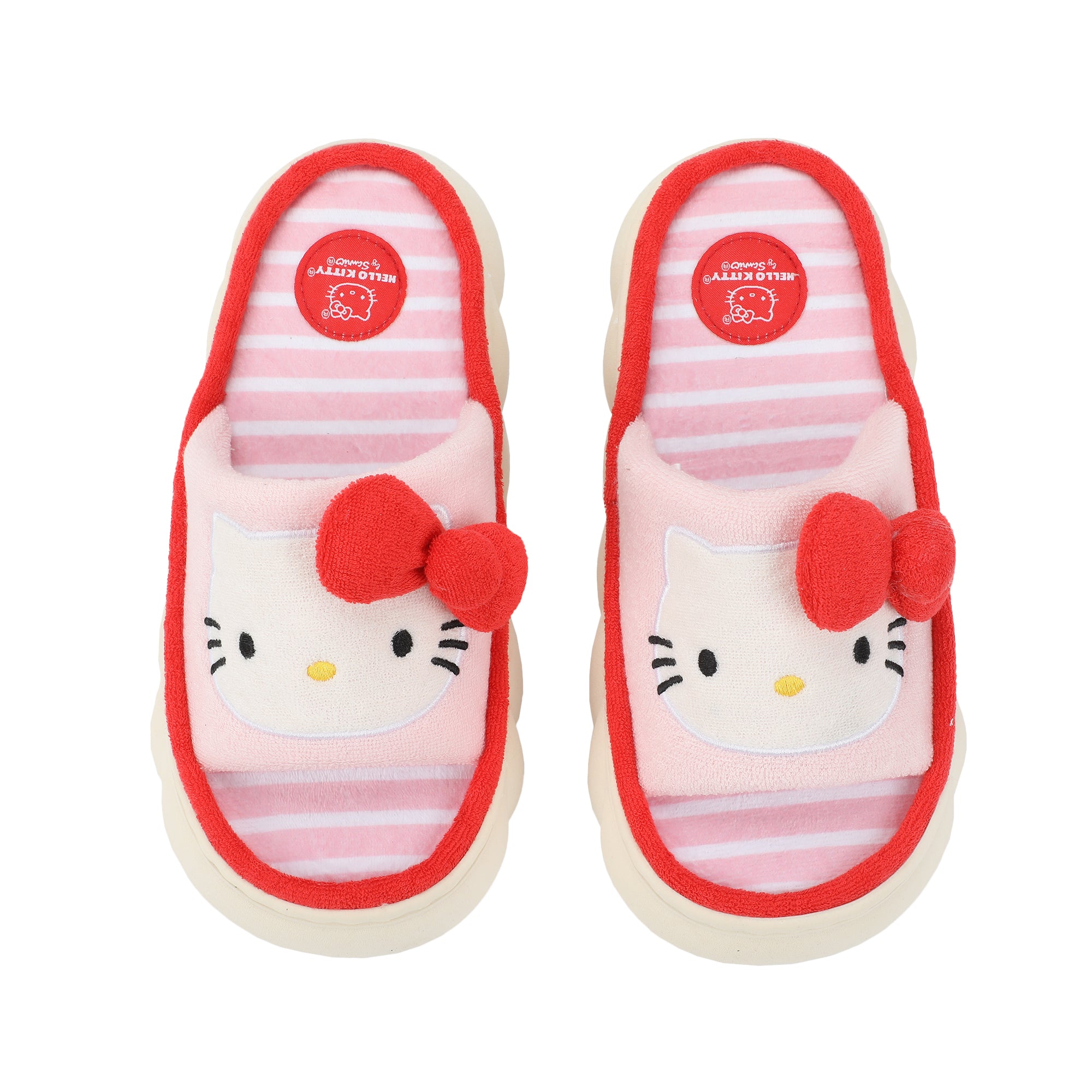 Hello Kitty 3D Character Face Art Women's Pink & White Striped Open-Toed Slide Slippers