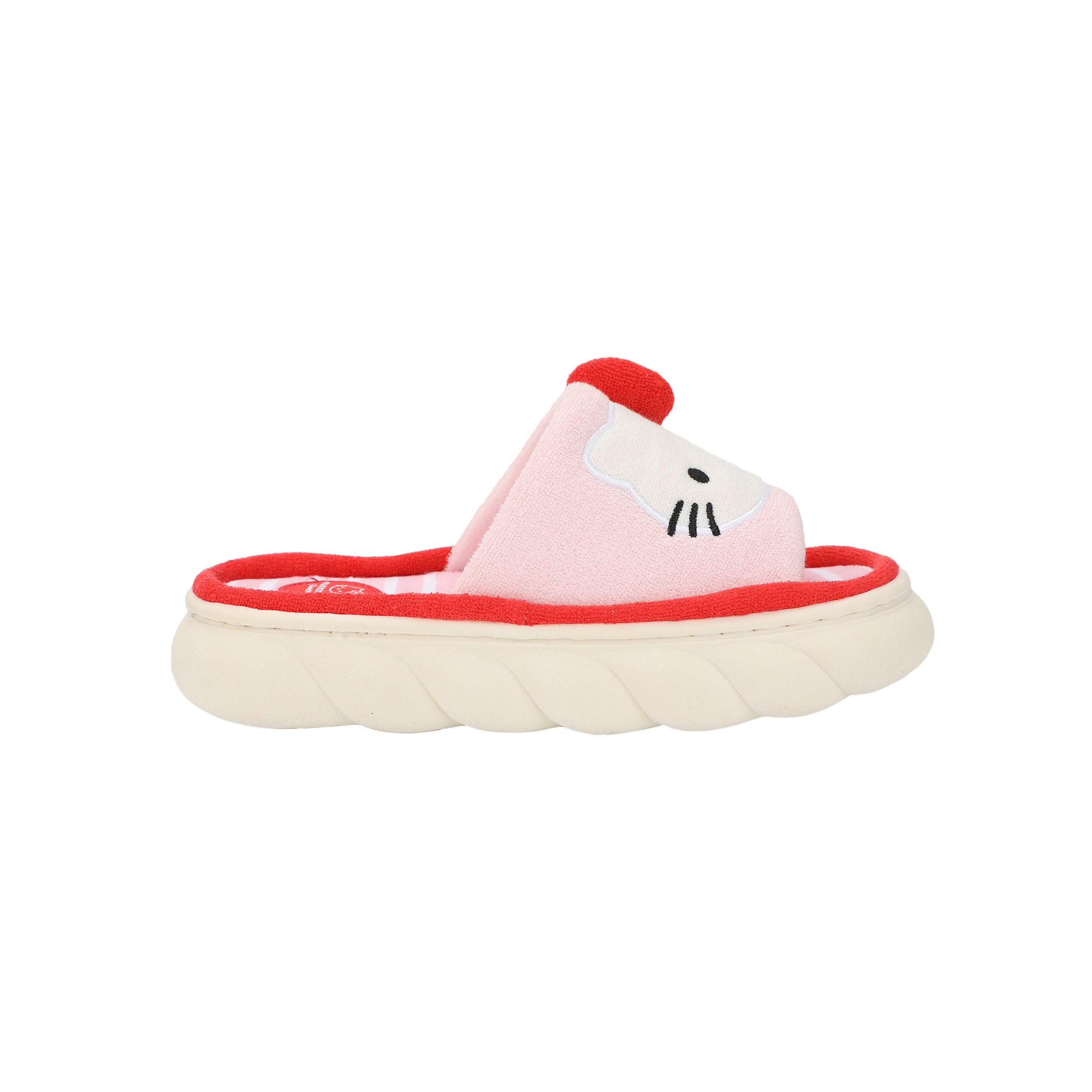 Hello Kitty 3D Character Face Art Women's Pink & White Striped Open-Toed Slide Slippers