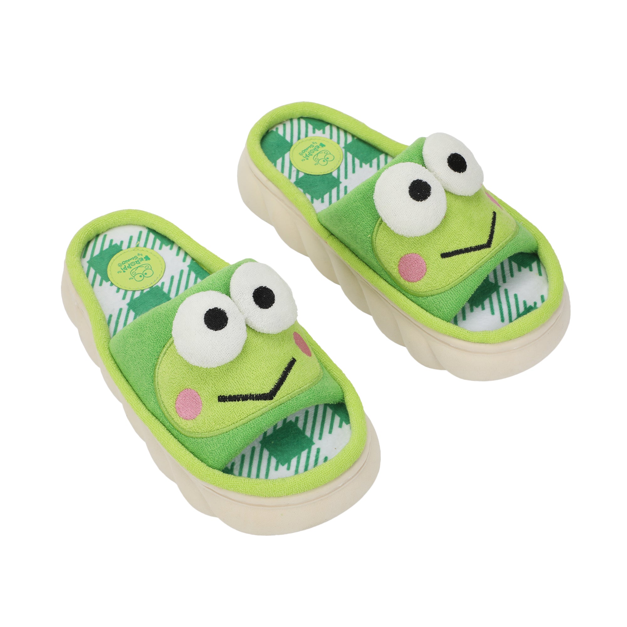 Keroppi 3D Character Face Art Women's Green & White Plaid Open-Toed Slide Slippers