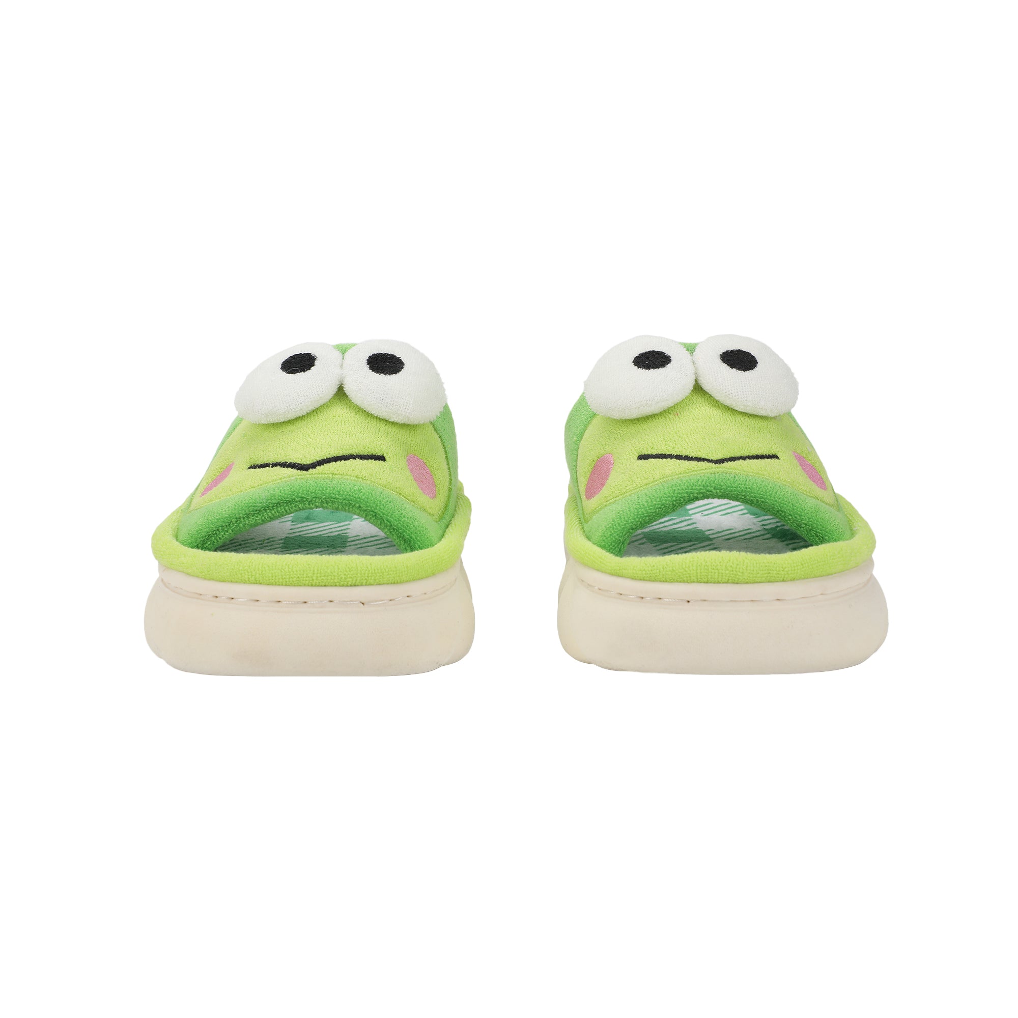 Keroppi 3D Character Face Art Women's Green & White Plaid Open-Toed Slide Slippers