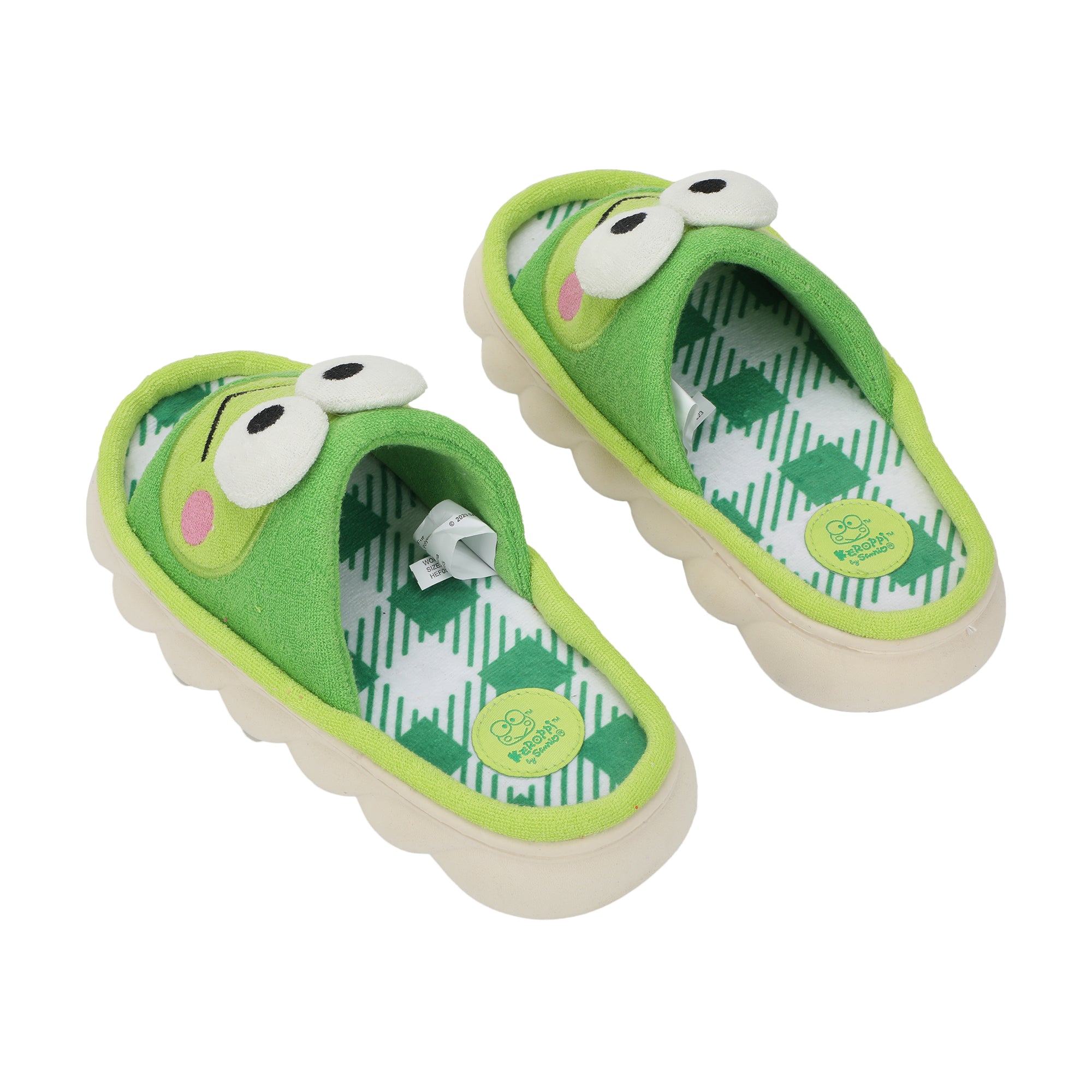 Keroppi 3D Character Face Art Women's Green & White Plaid Open-Toed Slide Slippers