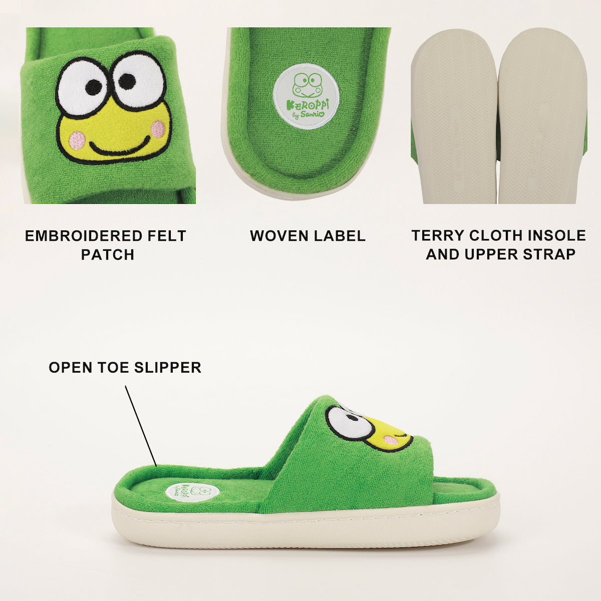 Keroppi Character Head Patch Women's Green Open Toed Slipper