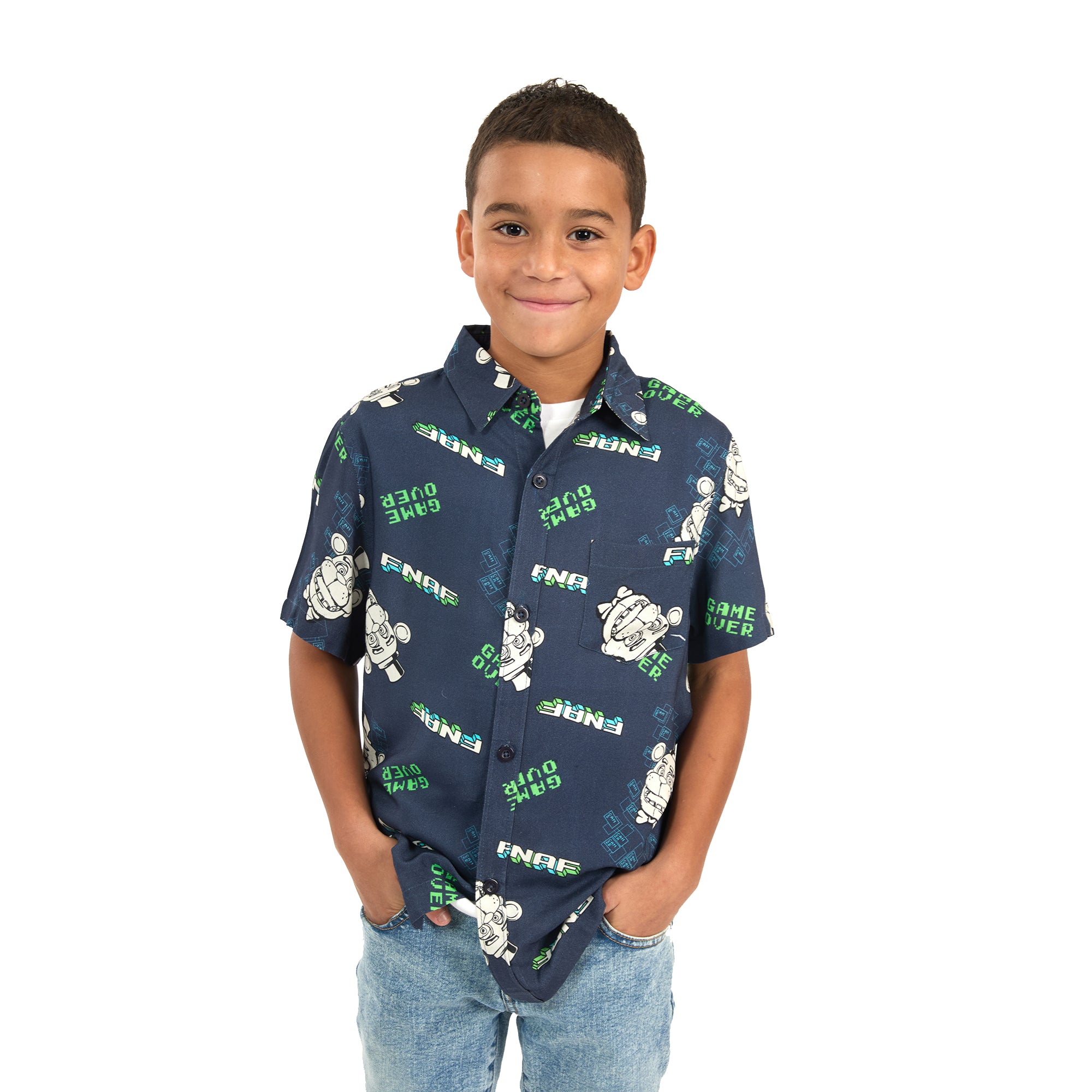 Five Nights At Freddy's Freddy Game Over All-Over Print Boy's Navy Short Sleeve Button-Down Shirt