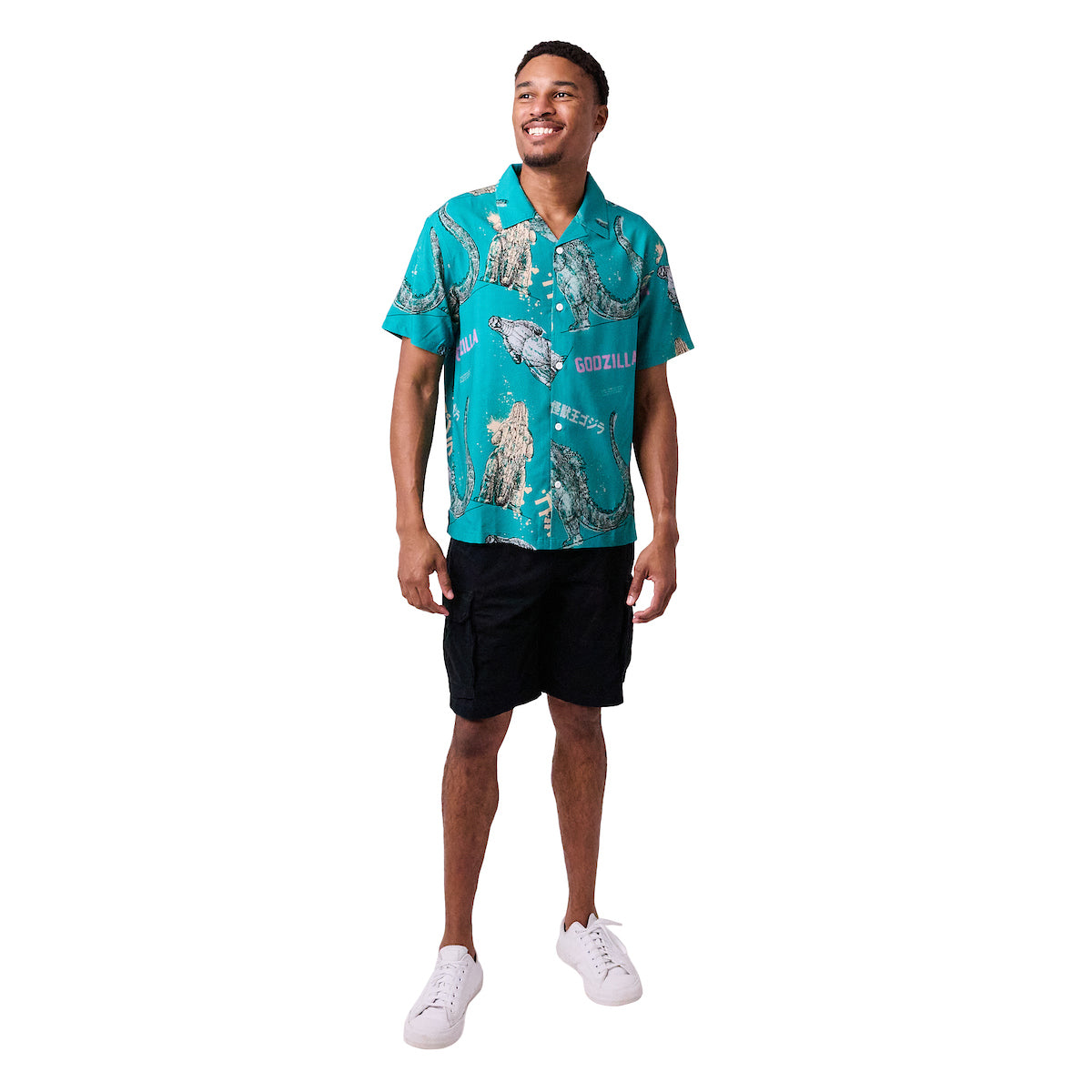Godzilla All-Over Print Men's Collared Button-Up Short Sleeve Shirt