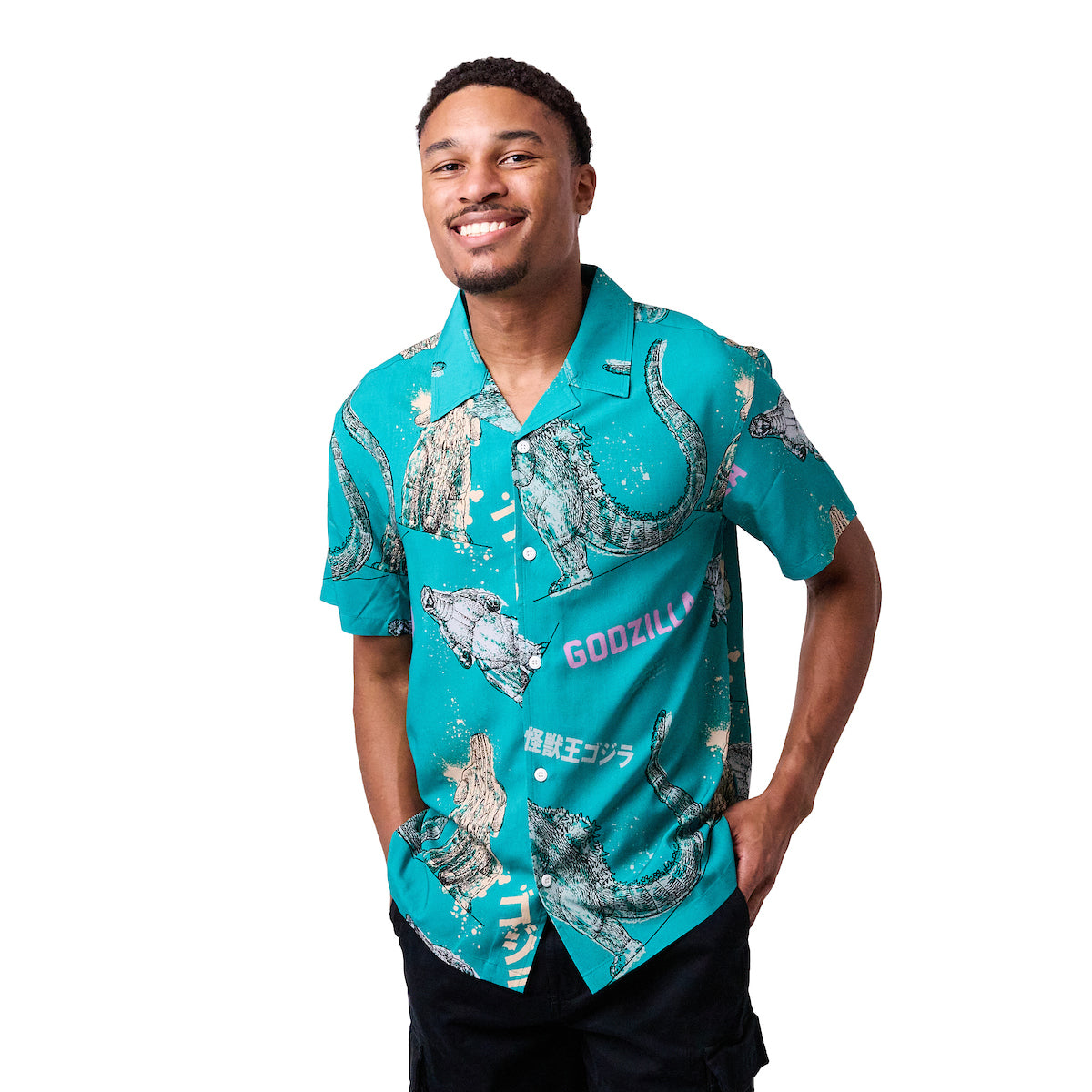 Godzilla All-Over Print Men's Collared Button-Up Short Sleeve Shirt