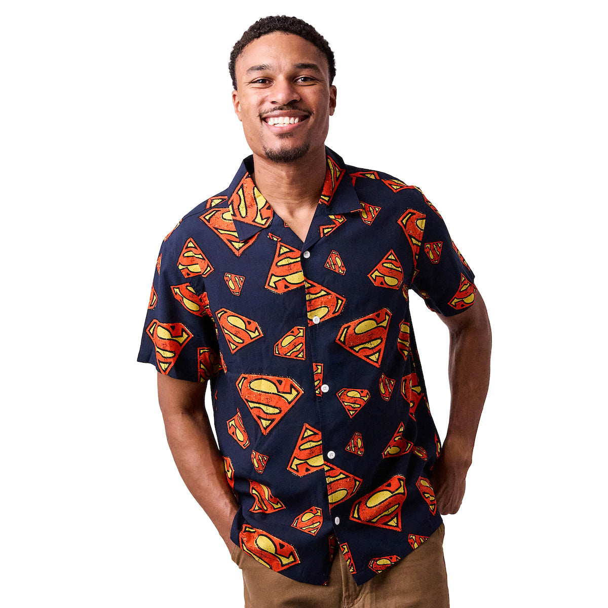 Superman S-Shield All-Over Print Men's Collared Button-Up Short Sleeve Shirt
