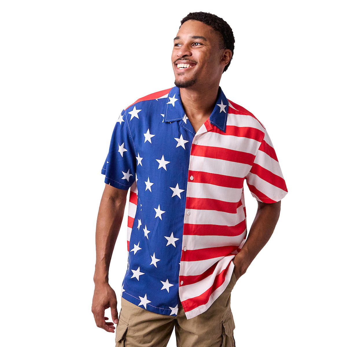 Stars & Stripes United States Flag Men's Collared Button-Up Short Sleeve Shirt