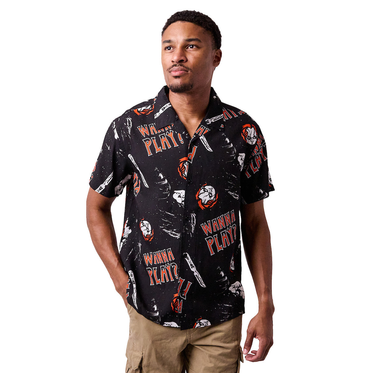 Chucky and Tiffany Heads AOP Black Woven Top Button Down Shirt