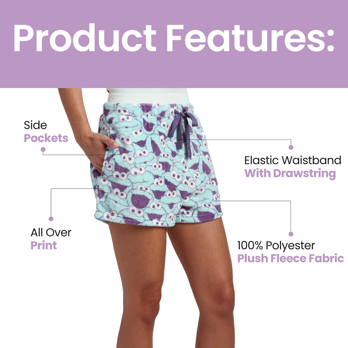 Sesame Street Cookie Monster All-Over Print Women's Drawstring Lounge Shorts