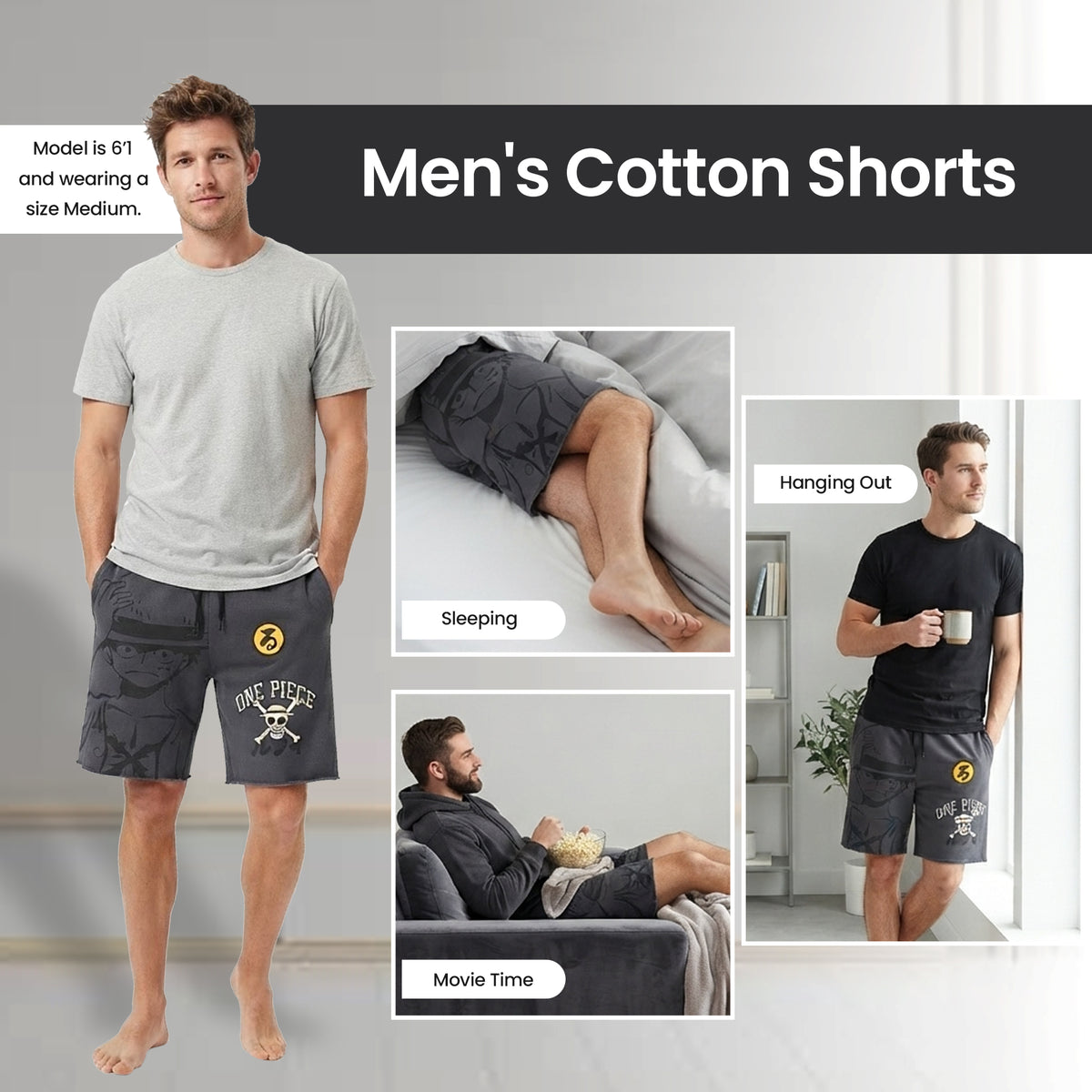 Bioworld One Piece Luffy Men's Gray Cotton Fleece Lounge Shorts