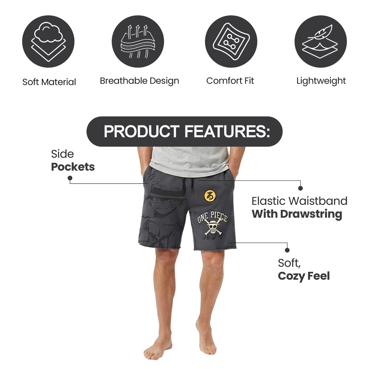 Bioworld One Piece Luffy Men's Gray Cotton Fleece Lounge Shorts