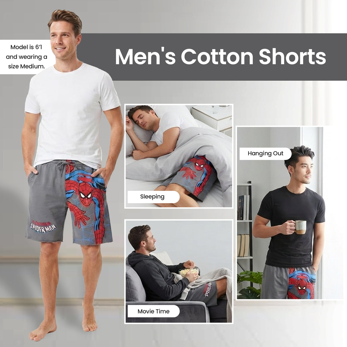 Spider-Man Classic Spider-Man Crawling Men's Gray Cotton Fleece Lounge Shorts