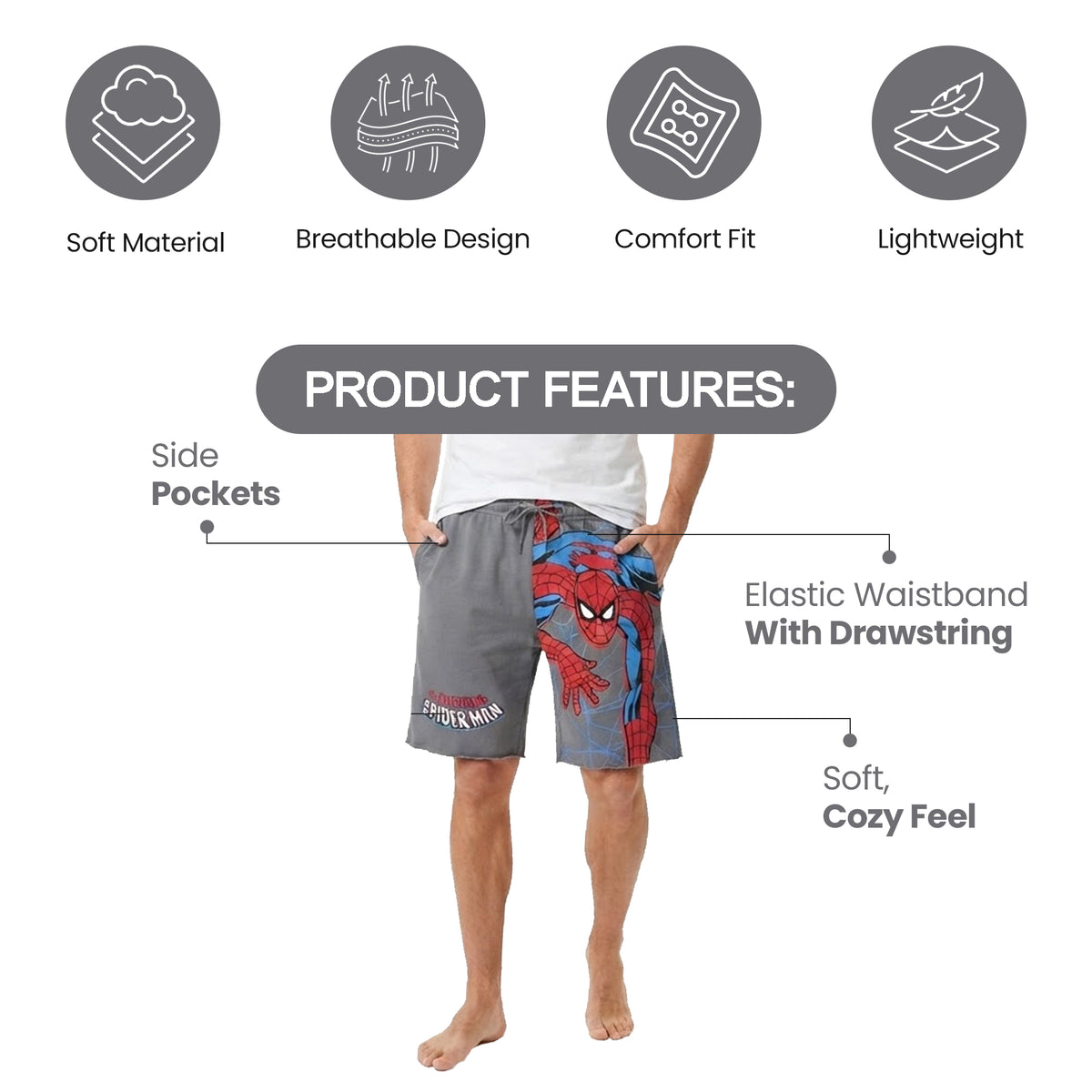 Spider-Man Classic Spider-Man Crawling Men's Gray Cotton Fleece Lounge Shorts