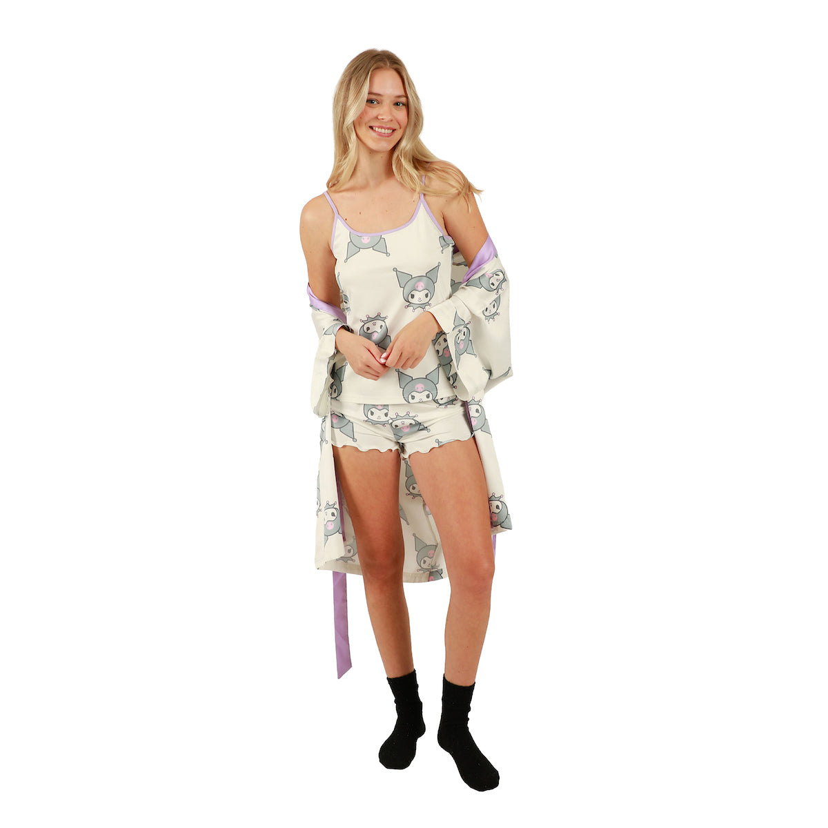 Women's Kuromi Sleepwear Set: Robe, Cami, and Sleep Shorts