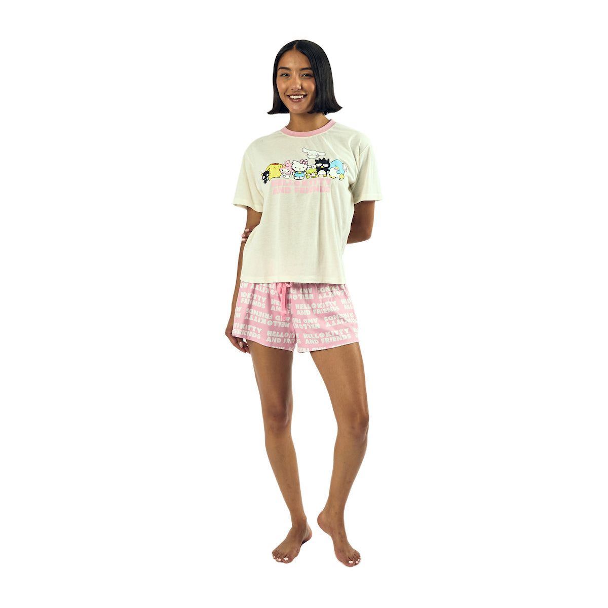 Hello Kitty & Friends Group Character Art Women's Short Sleeve Tee & Shorts Lounge Set