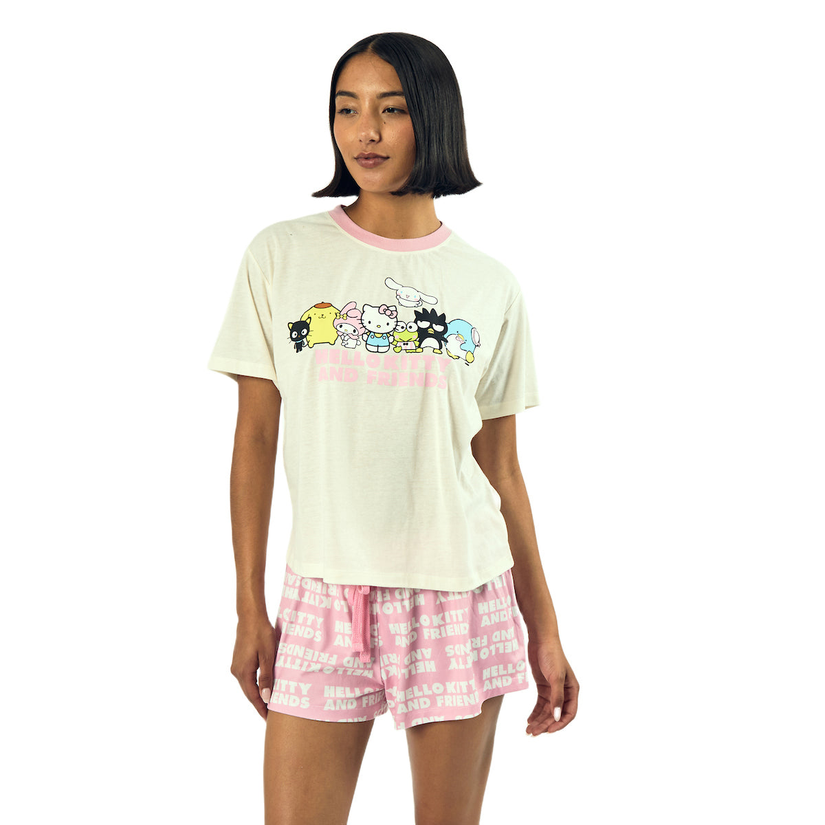 Hello Kitty & Friends Group Character Art Women's Short Sleeve Tee & Shorts Lounge Set