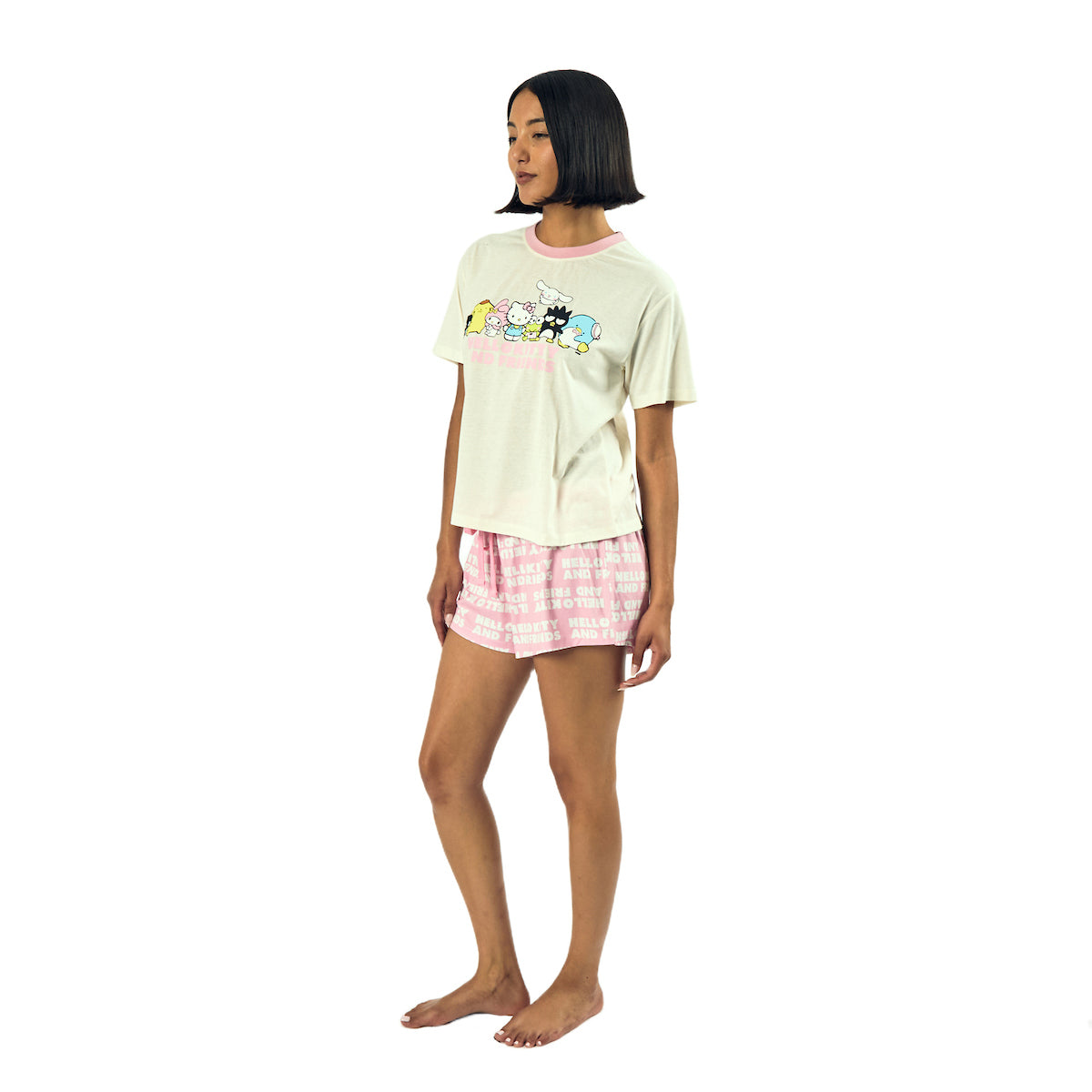 Hello Kitty & Friends Group Character Art Women's Short Sleeve Tee & Shorts Lounge Set
