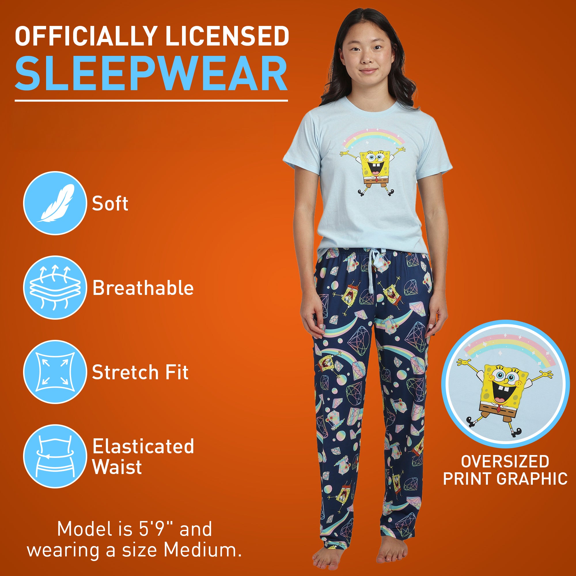 Spongebob Squarepants Rainbow All-Over Print Women's T-Shirt and Pajama Pants Sleepwear Set