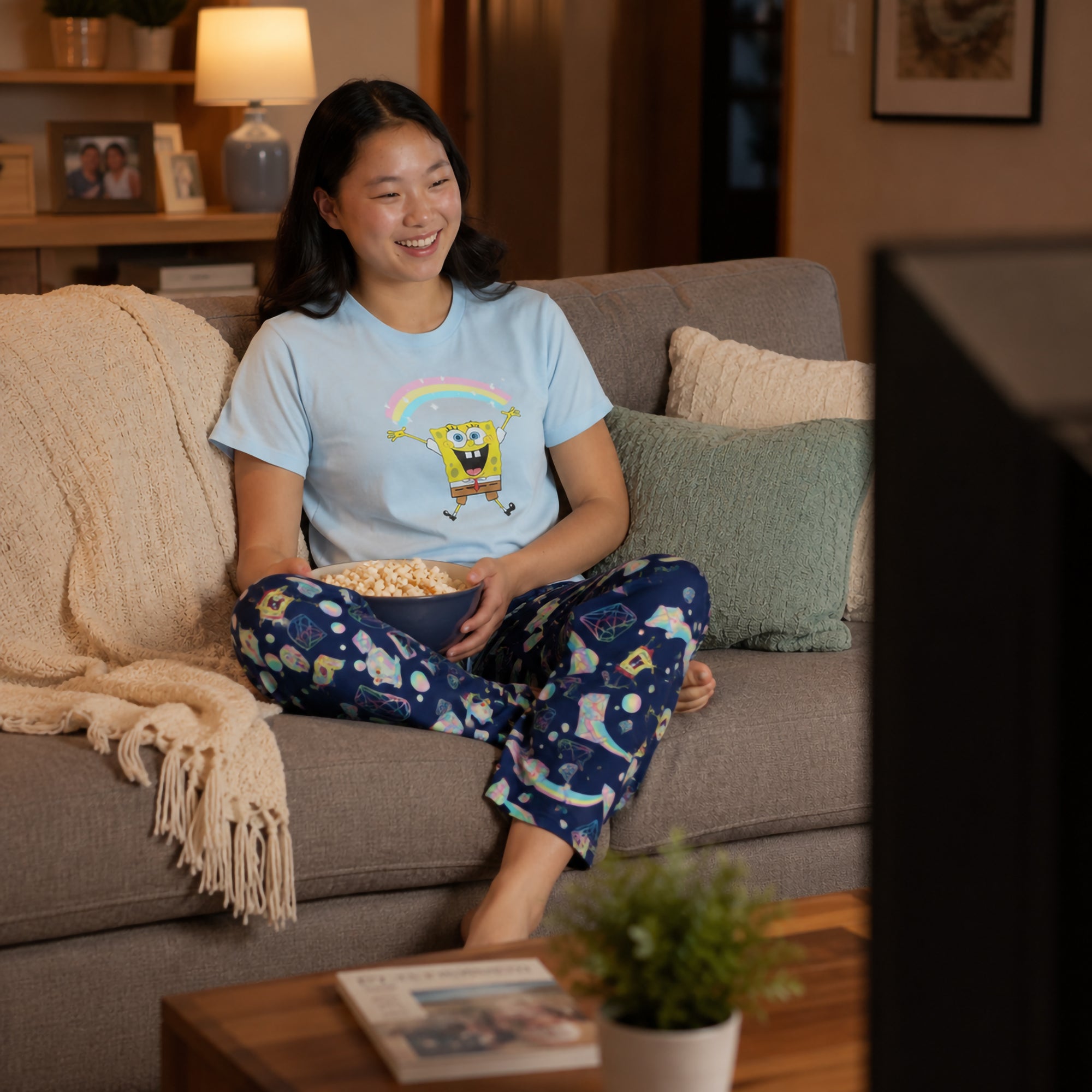 Spongebob Squarepants Rainbow All-Over Print Women's T-Shirt and Pajama Pants Sleepwear Set