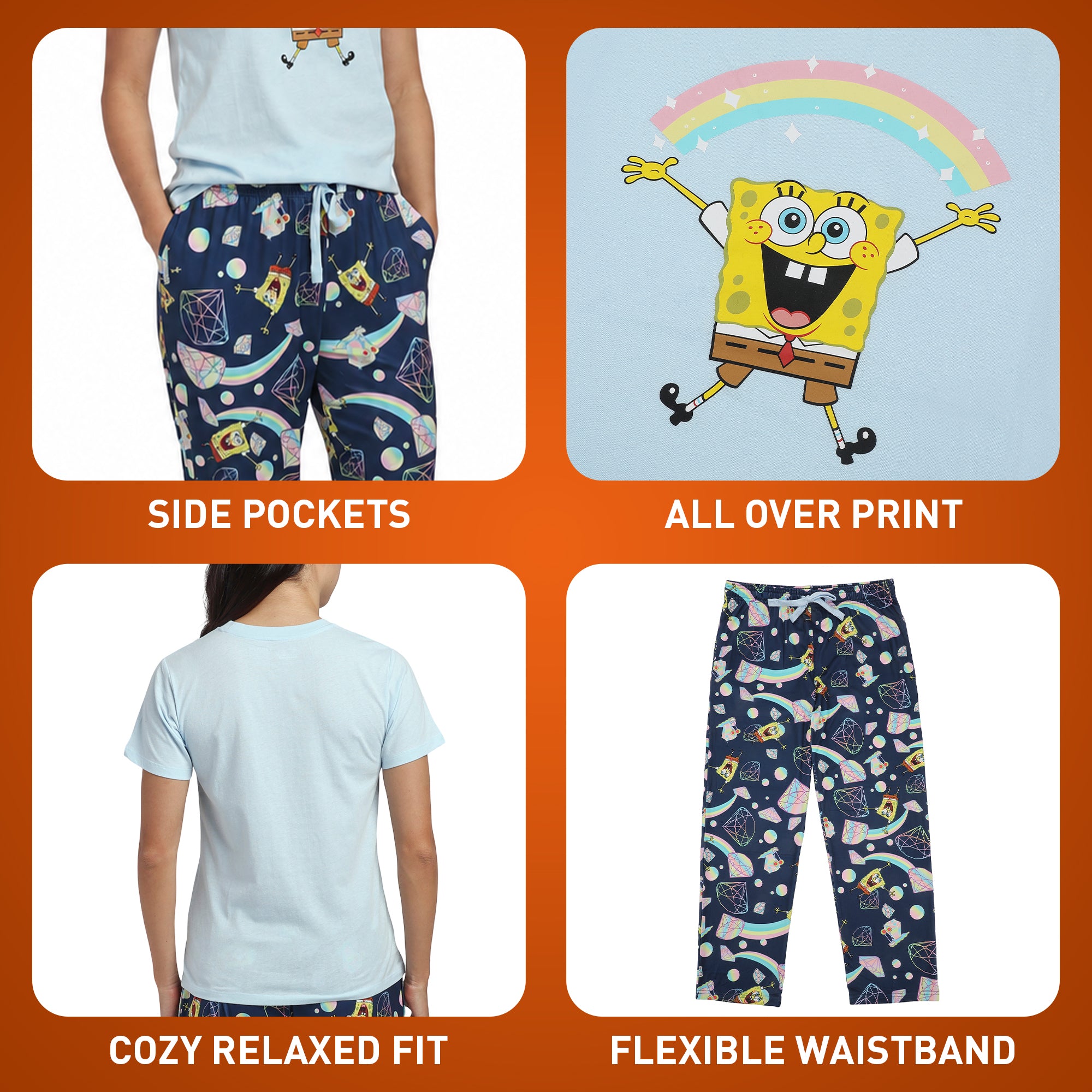 Spongebob Squarepants Rainbow All-Over Print Women's T-Shirt and Pajama Pants Sleepwear Set