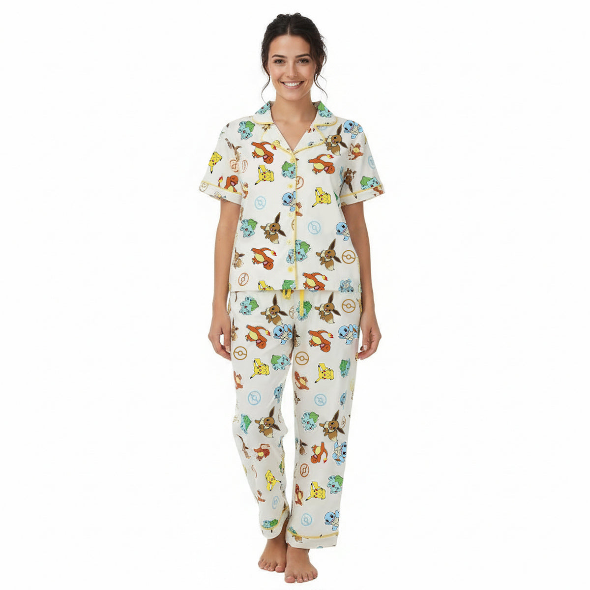 Pokemon All-Over Print Women’s Button-Down Shirt And Pants 2-Piece Pajama Set