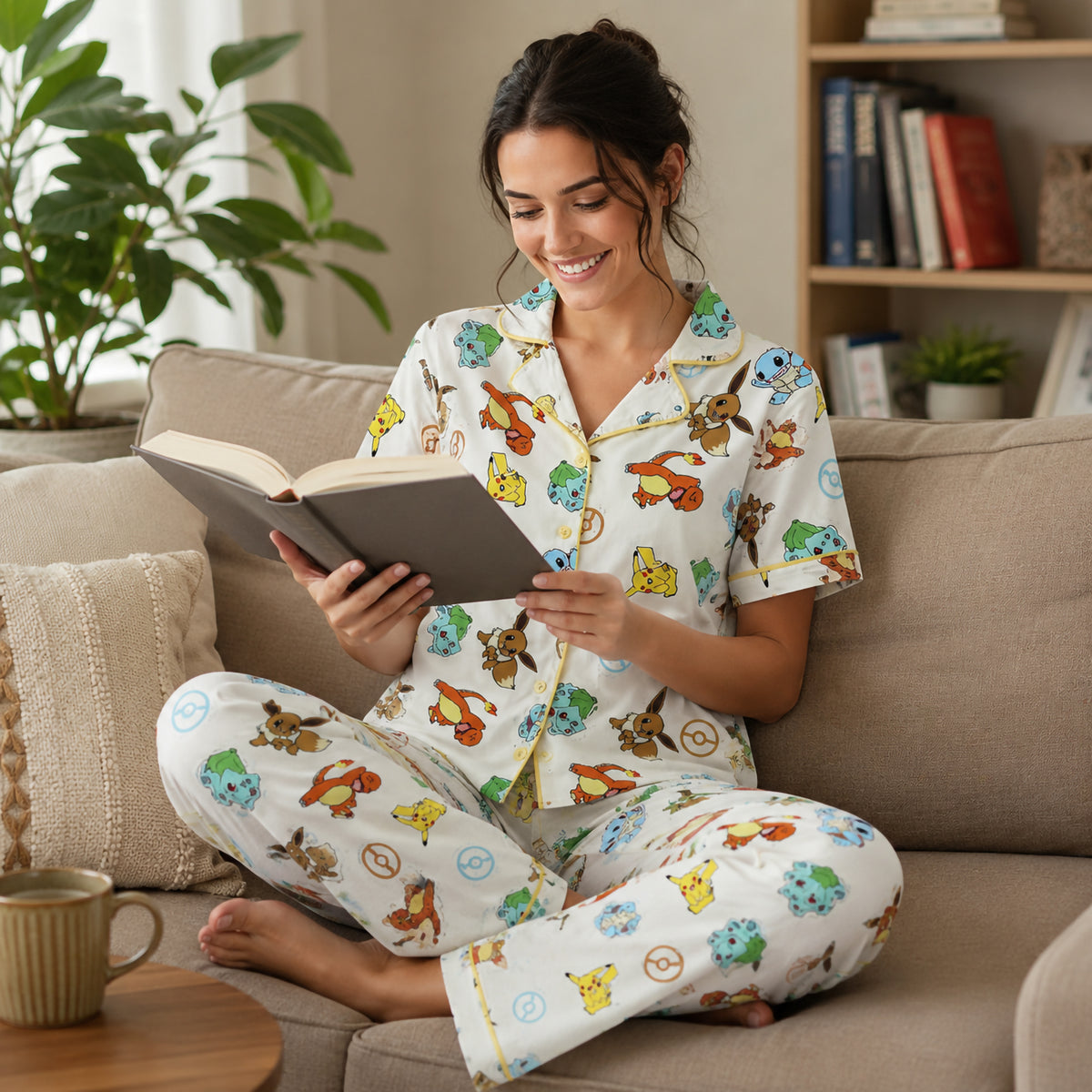 Pokemon All-Over Print Women's Button-Down Shirt And Pants 2-Piece Pajama Set