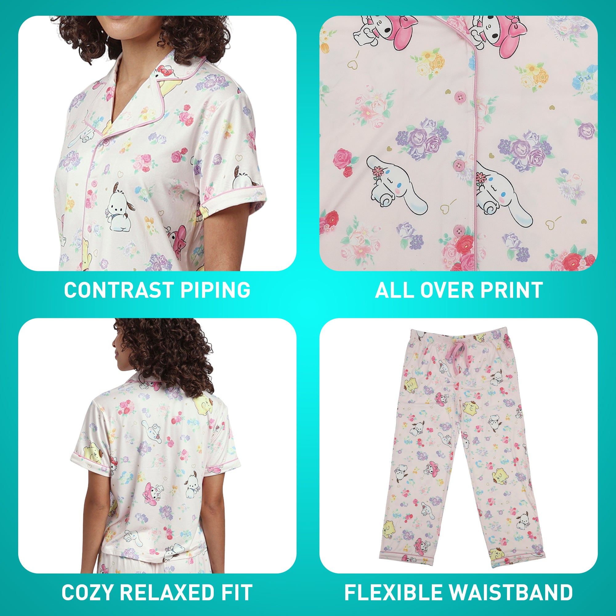 Hello Kitty & Friends All-Over Print Women's Button-Down Shirt And Pants 2-Piece Pajama Set