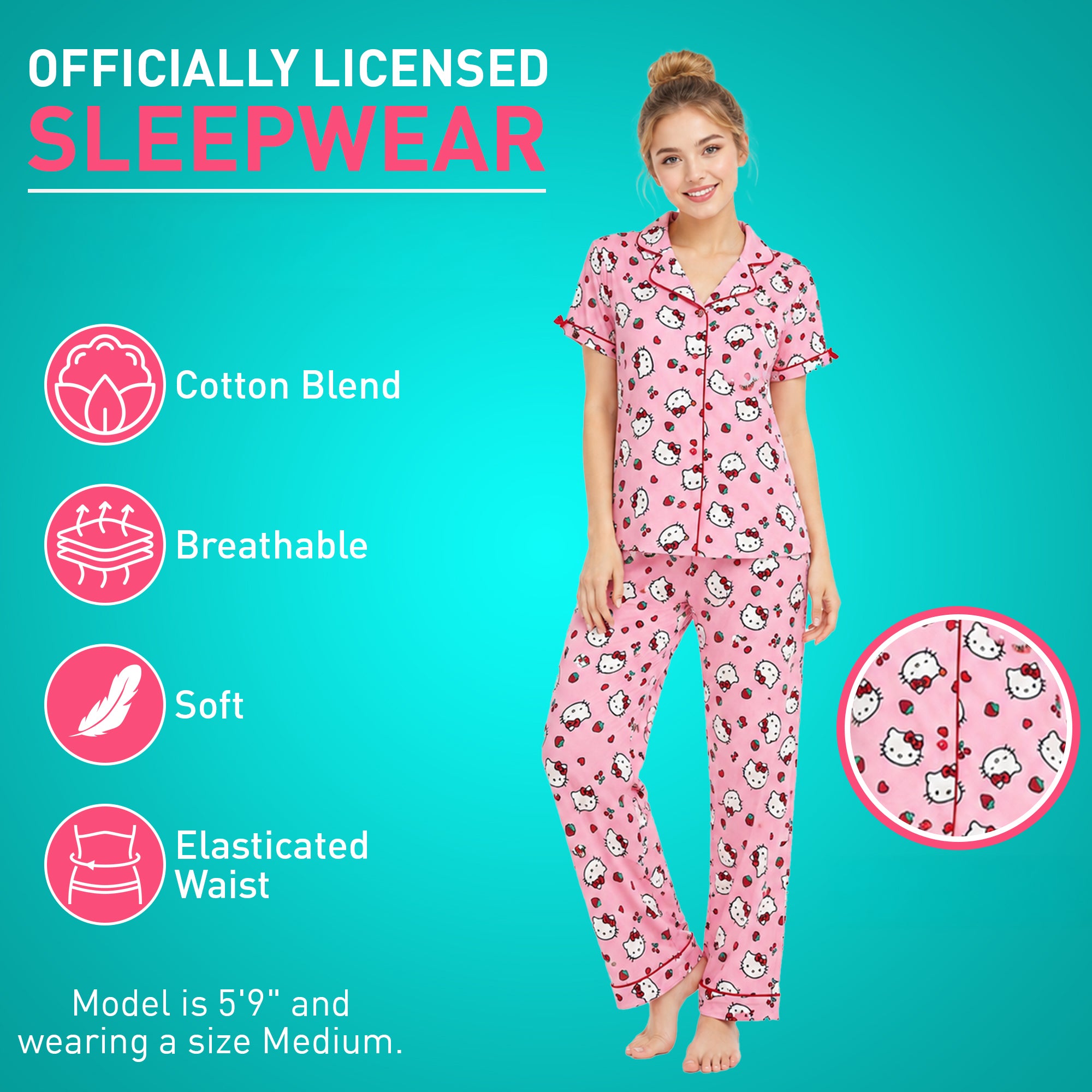 Hello Kitty Heads with Strawberries Women's Pink Pajama Set
