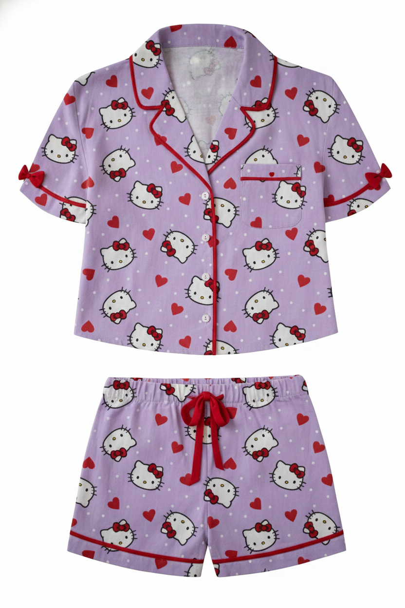 Hello Kitty Head AOP White Polka Dots and Red Hearts Red Bows Shorts Set