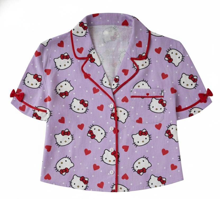 Hello Kitty Head AOP White Polka Dots and Red Hearts Red Bows Shorts Set