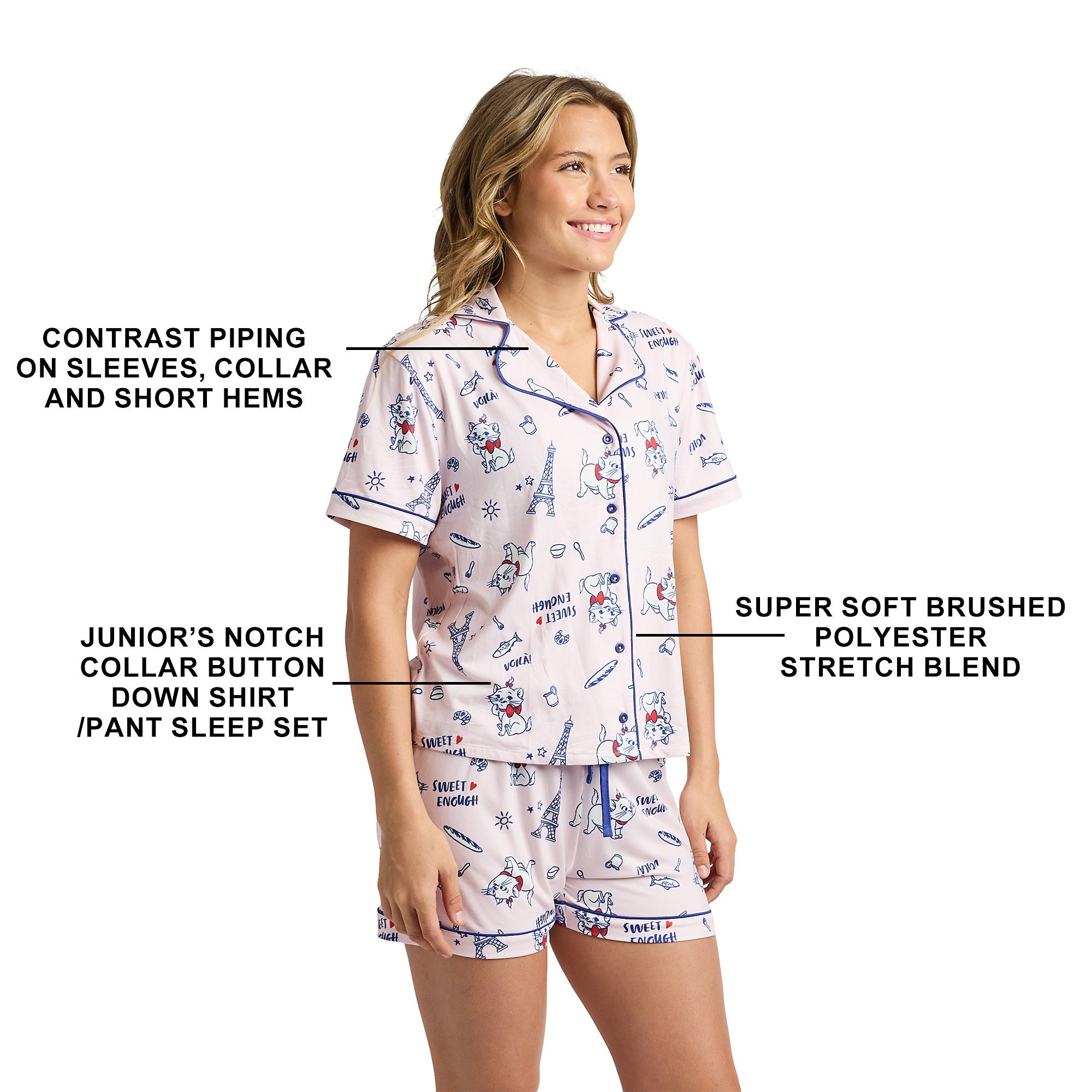 Disney The Aristocats Marie Women's Notch Collar Button-Down Shirt and Shorts Sleepwear Set