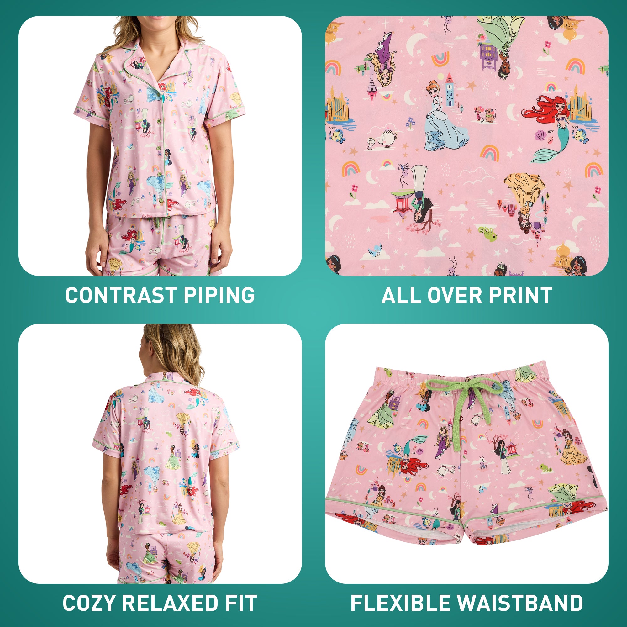Disney Princesses Women's Notch Collar Button-Down Shirt and Shorts Sleepwear Set