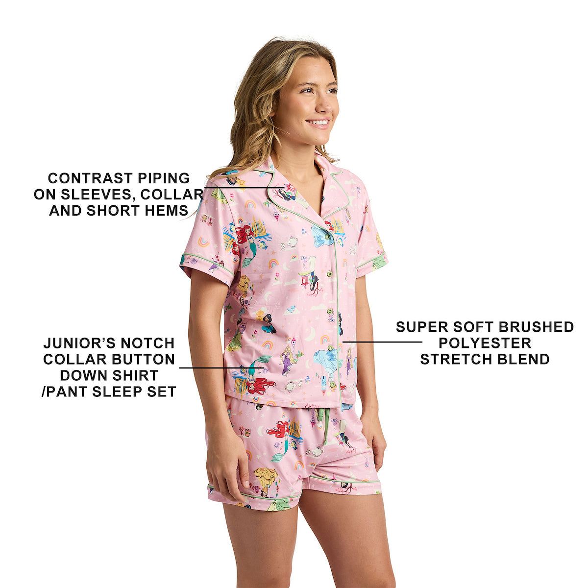 Disney Princesses Women's Notch Collar Button-Down Shirt and Shorts Sleepwear Set