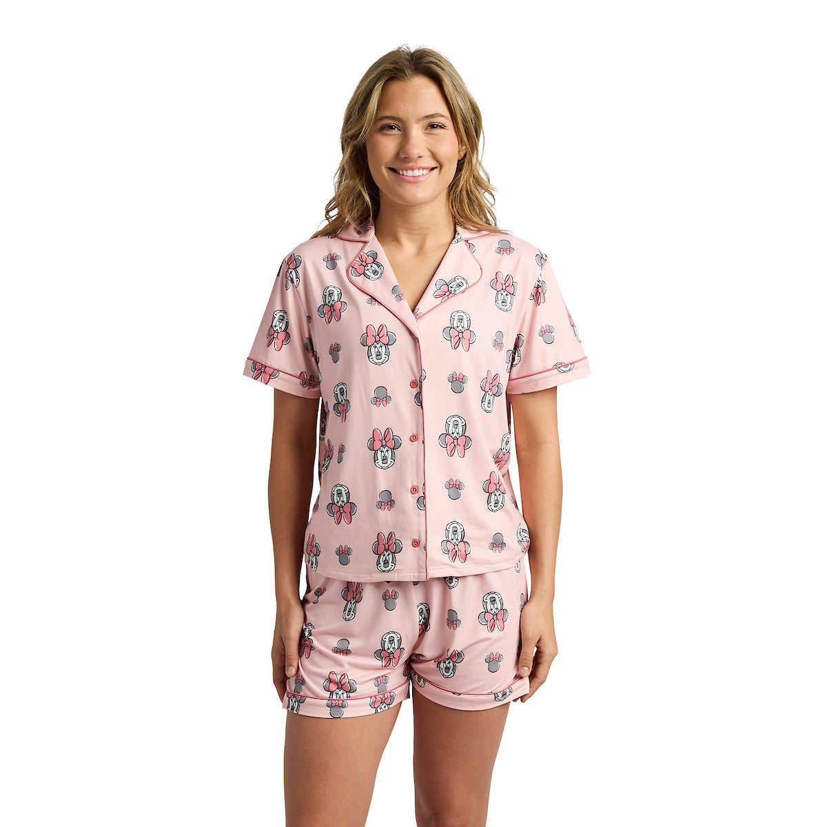 Disney's Minnie Mouse Women's Notch Collar Button-Down Shirt and Shorts Sleepwear Set