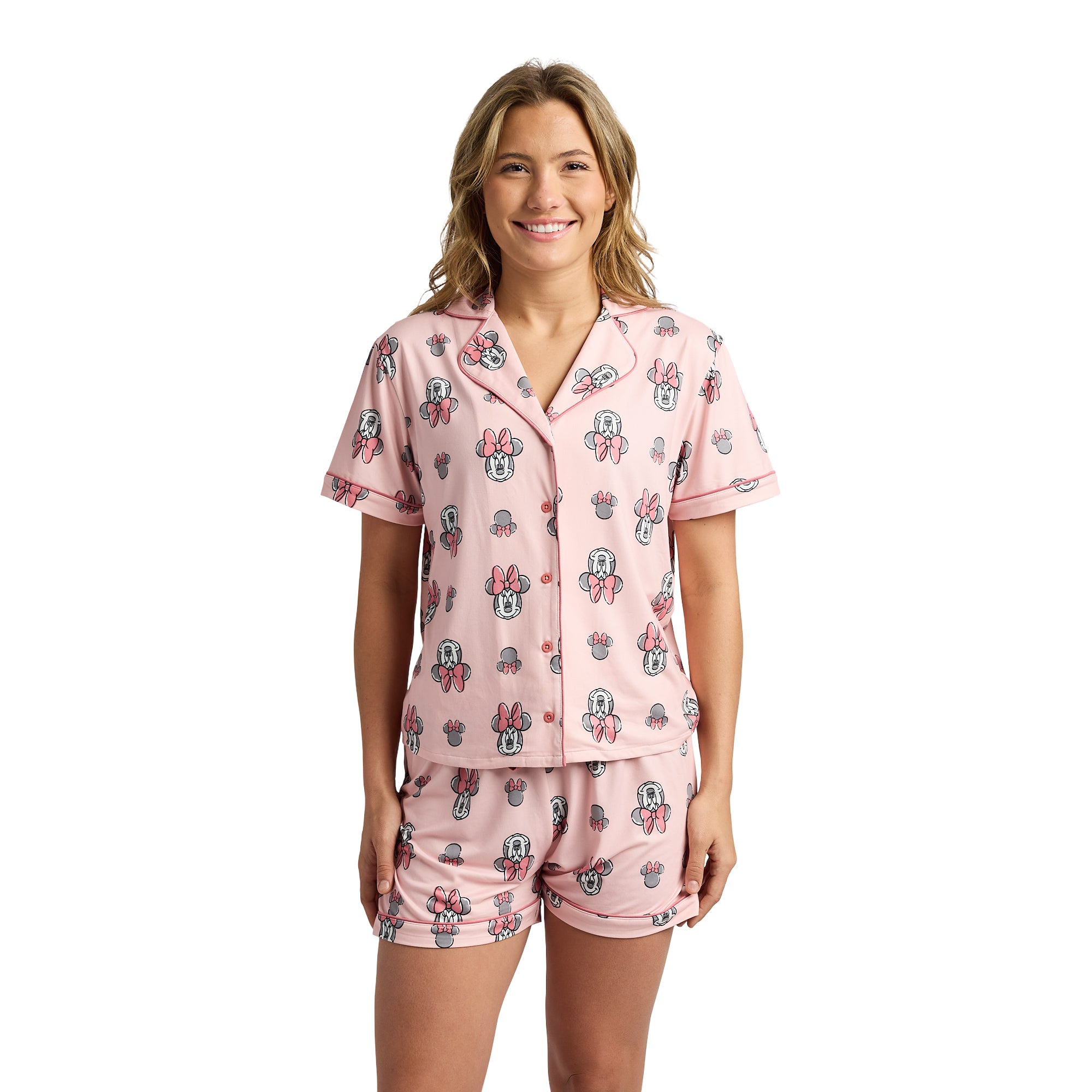 Disney's Minnie Mouse Women's Notch Collar Button-Down Shirt and Shorts Sleepwear Set