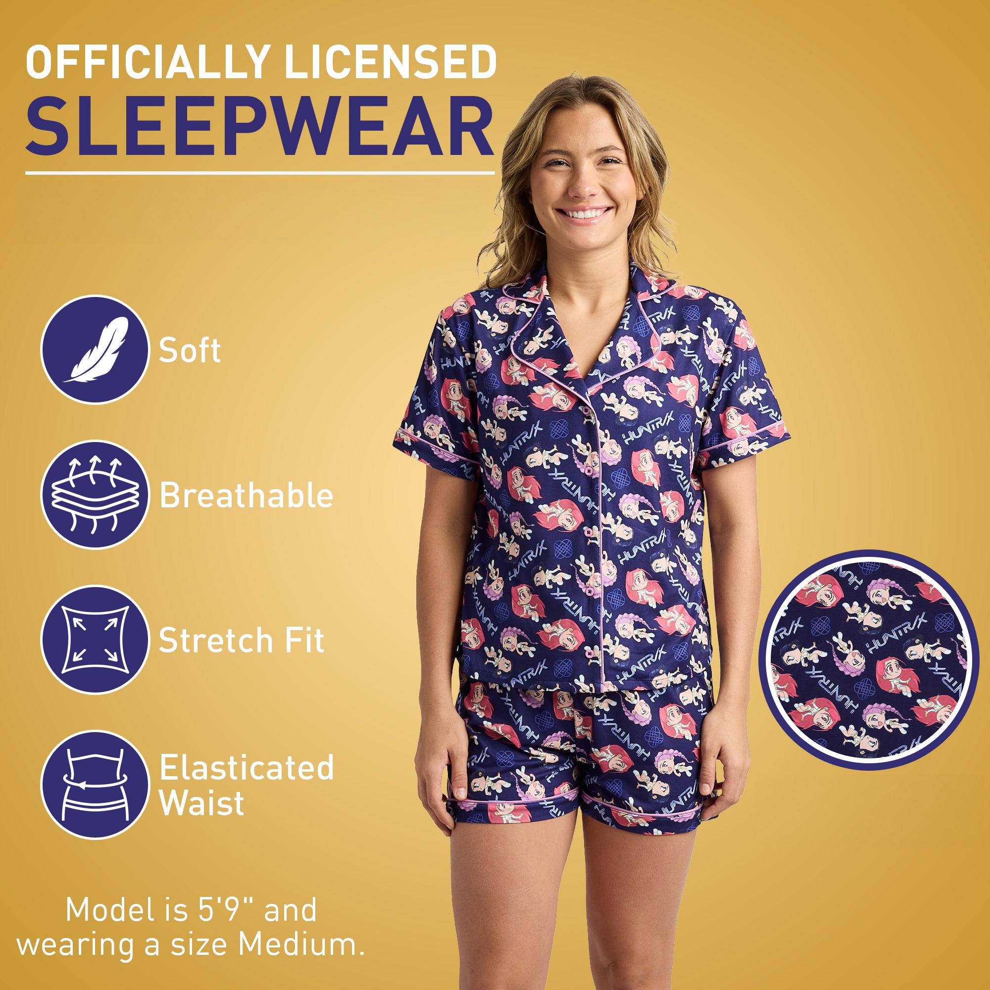 KPop Demon Hunter Kawaii Characters Women's Notch Collar Button-Down Shirt and Shorts Sleepwear Set