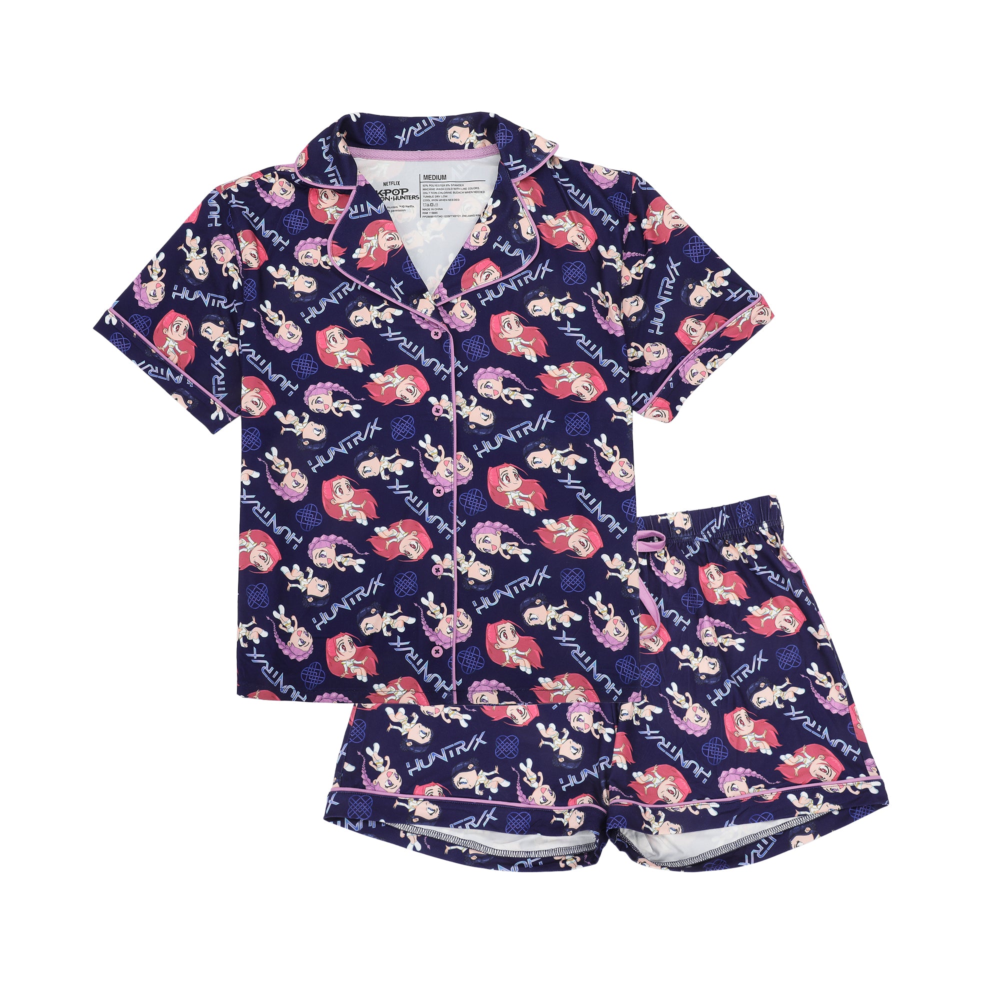 KPop Demon Hunter Kawaii Characters Women's Notch Collar Button-Down Shirt and Shorts Sleepwear Set
