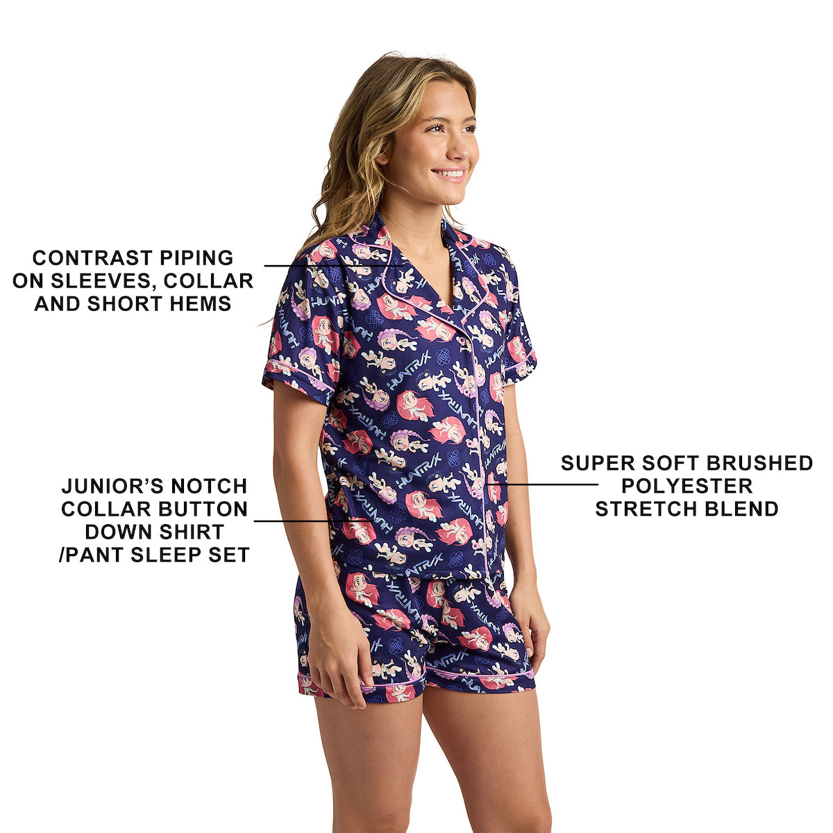 KPop Demon Hunter Kawaii Characters Women's Notch Collar Button-Down Shirt and Shorts Sleepwear Set