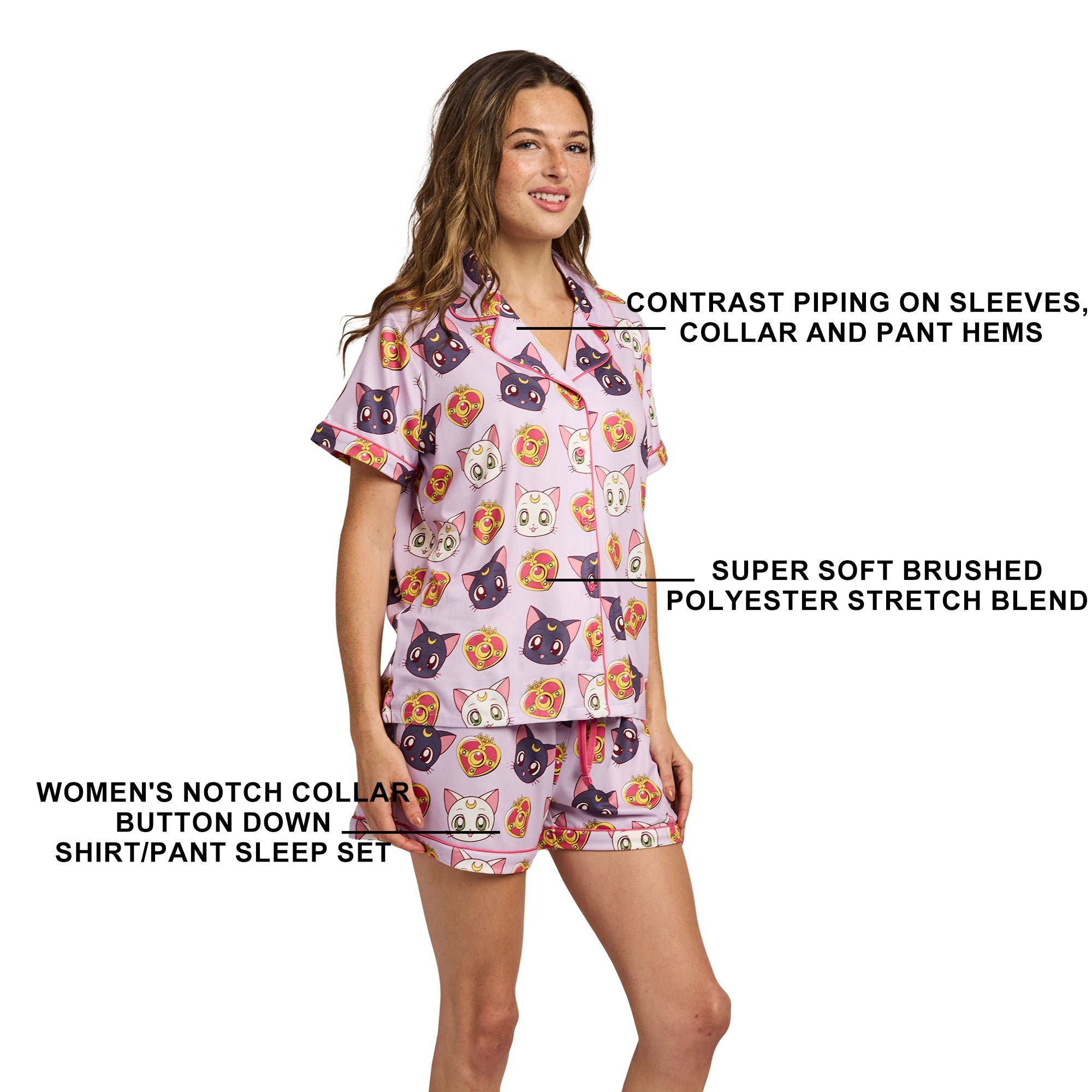Sailor Moon Luna, Artemis, and Diana All-Over Print Women’s Notch Collar Button-Down Shirt and Shorts Sleepwear Set