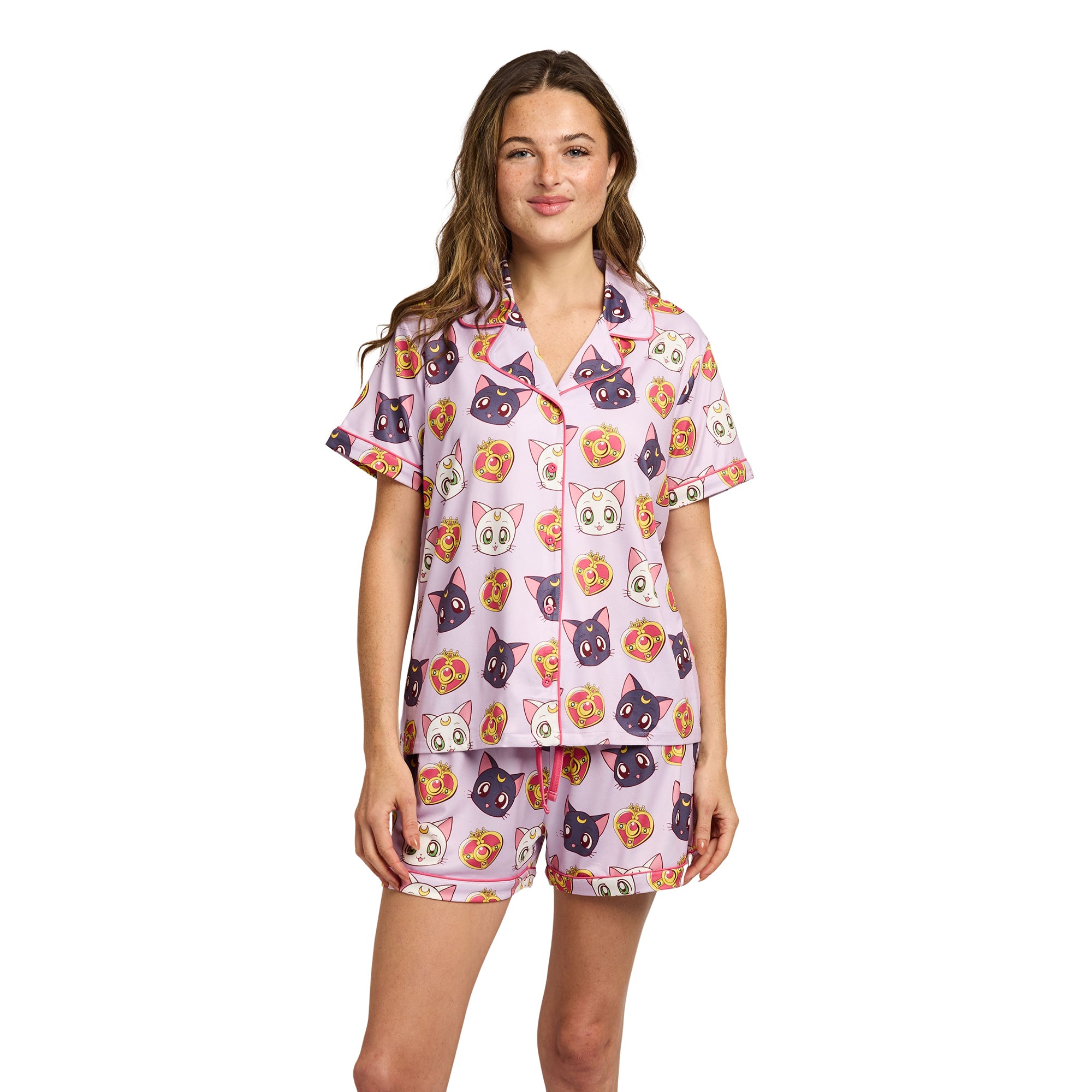 Sailor Moon Luna, Artemis, and Diana All-Over Print Women’s Notch Collar Button-Down Shirt and Shorts Sleepwear Set