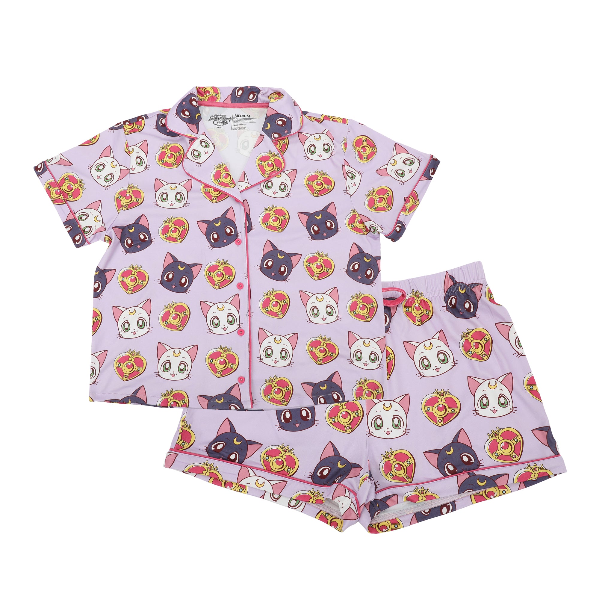 Sailor Moon Luna, Artemis, and Diana All-Over Print Women’s Notch Collar Button-Down Shirt and Shorts Sleepwear Set